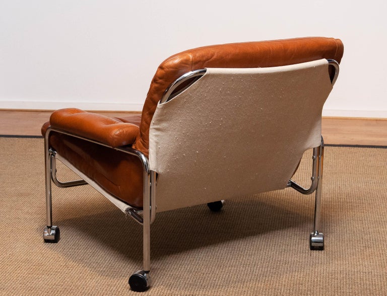 1960s Eva Lounge Chair Chrome and Aged Brown / Tan Leather by Lindlöfs Möbler 1 For Sale 2