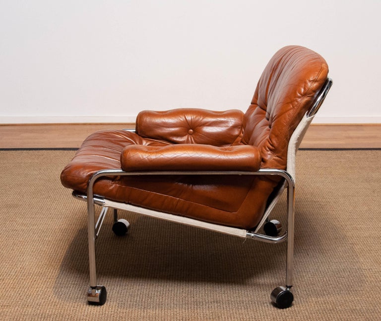 1960s Eva Lounge Chair Chrome and Aged Brown / Tan Leather by Lindlöfs Möbler 1 For Sale 3