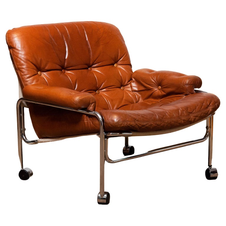 1960s Eva Lounge Chair Chrome and Aged Brown / Tan Leather by Lindlöfs Möbler 1 For Sale