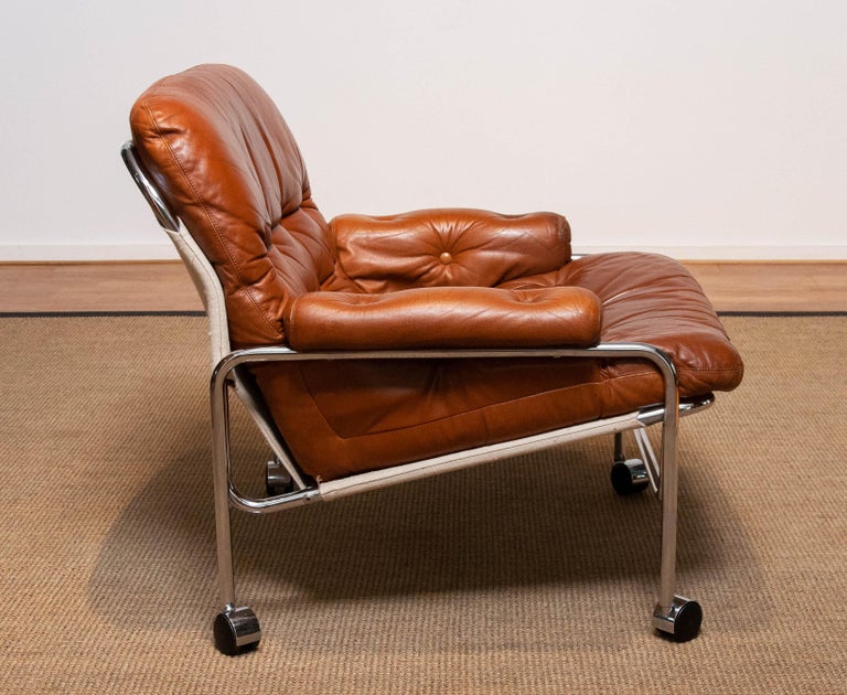1960s Eva Lounge Chair Chrome and Aged Brown / Tan Leather by Lindlöfs Möbler  For Sale 4