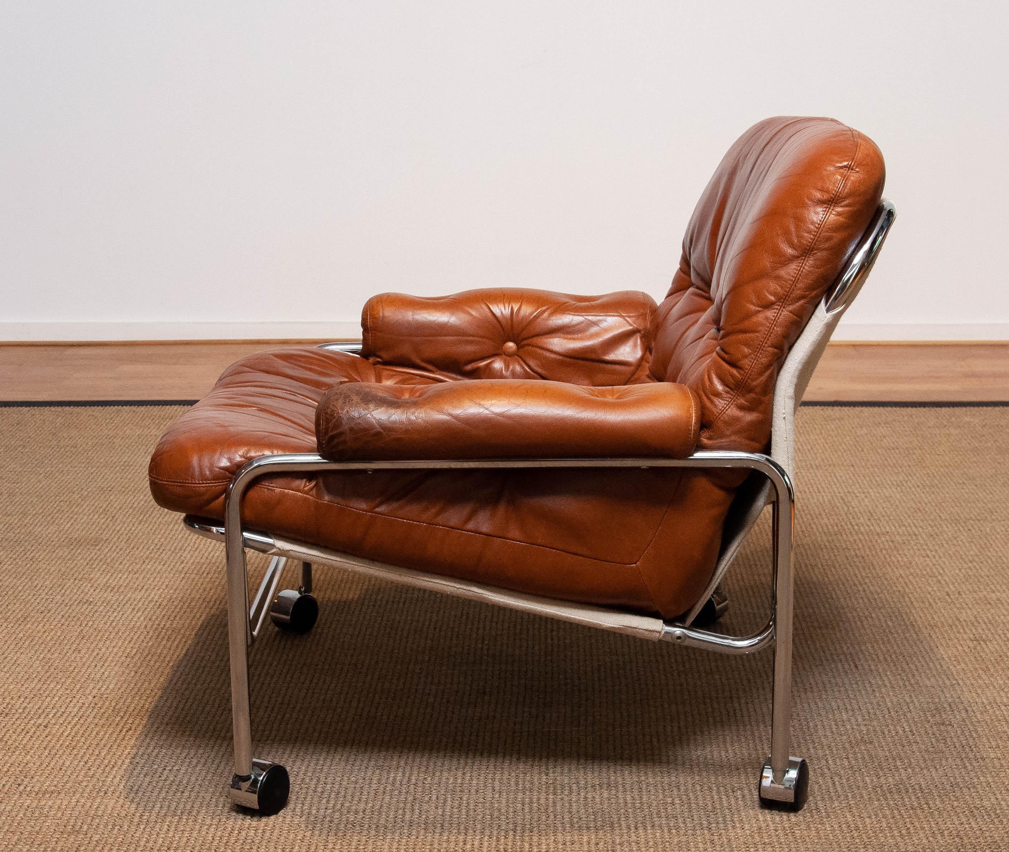 1960s Eva Lounge Chair Chrome and Aged Brown / Tan Leather by Lindlöfs Möbler  2