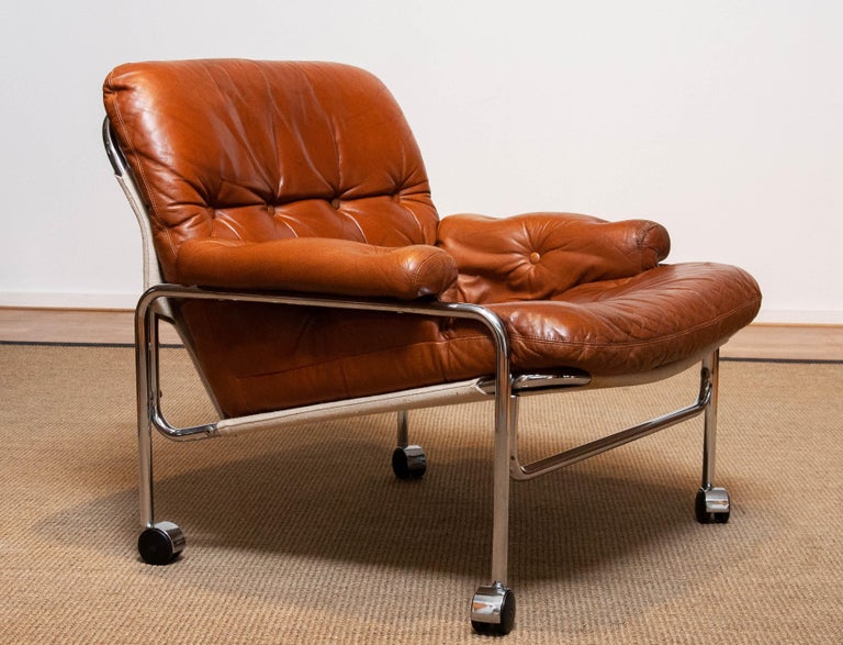 1960s Eva Lounge Chair Chrome and Aged Brown / Tan Leather by Lindlöfs Möbler  For Sale 6