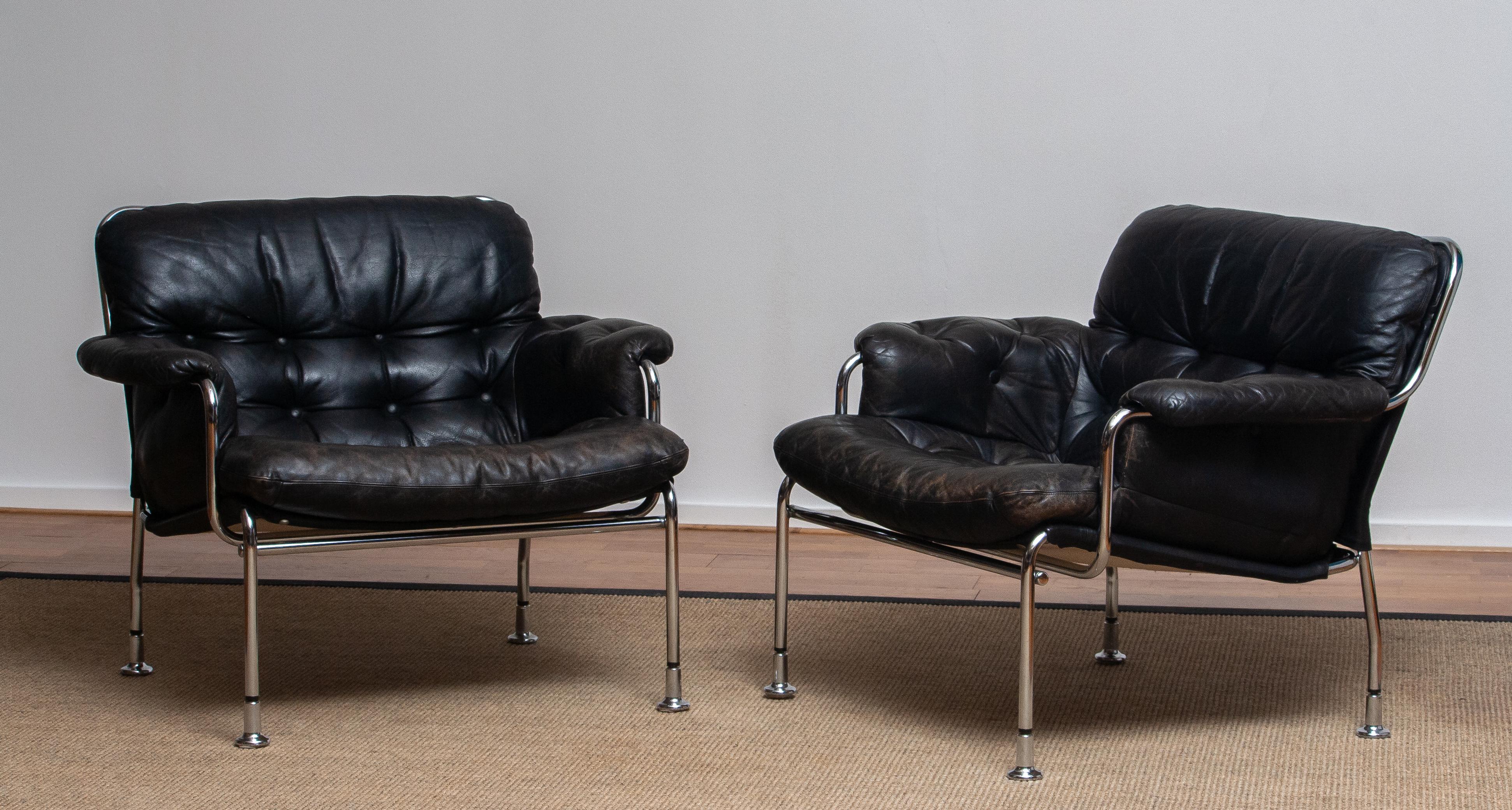 1960s, Eva Lounge Chairs in Chrome and Aged Black Leather by Lindlöfs Möbler 1 8