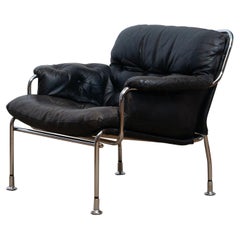 1960s, Eva Lounge Chairs in Chrome and Aged Black Leather by Lindlöfs Möbler 1