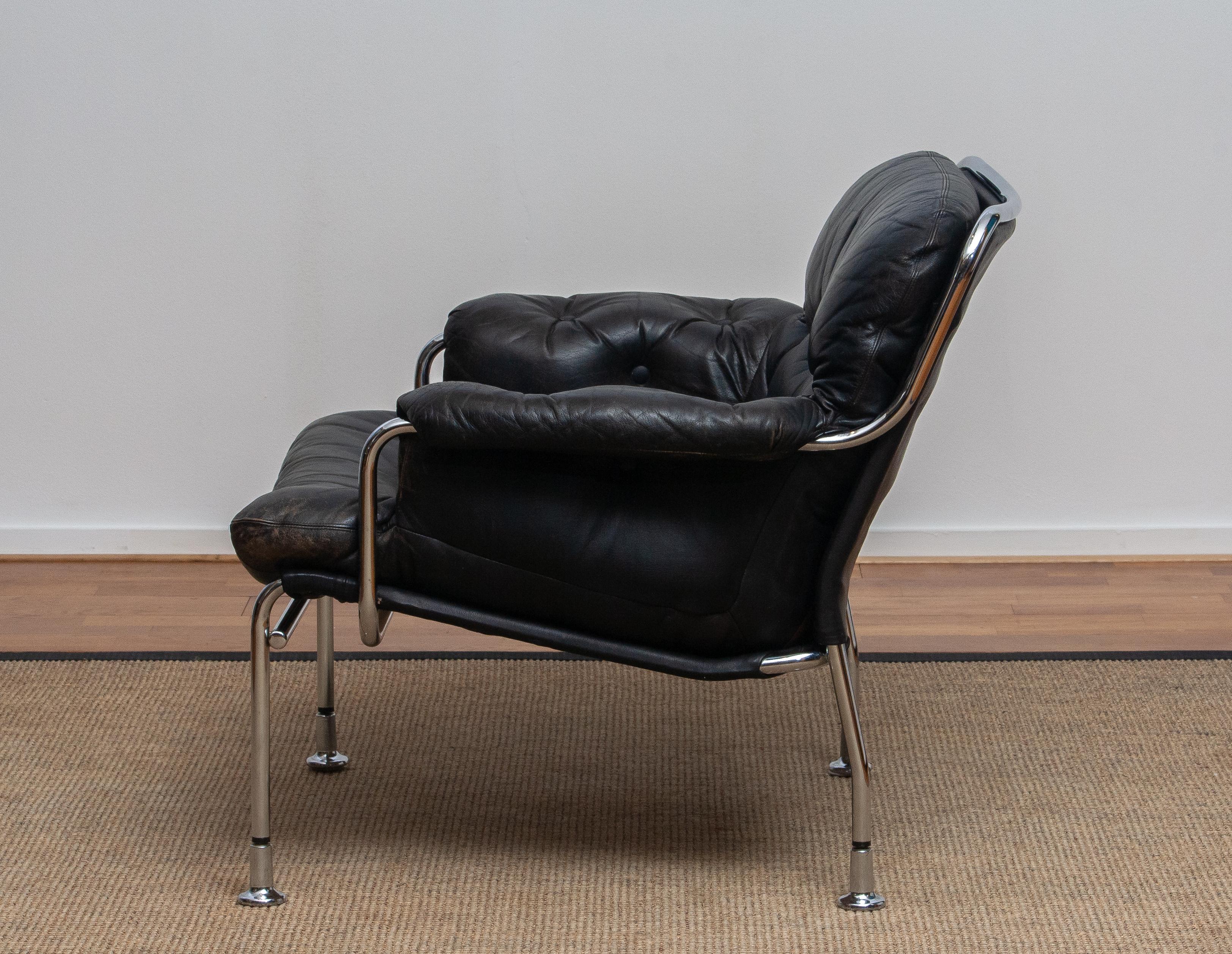 1960s, Eva Lounge Chairs in Chrome and Aged Black Leather by Lindlöfs Möbler 5