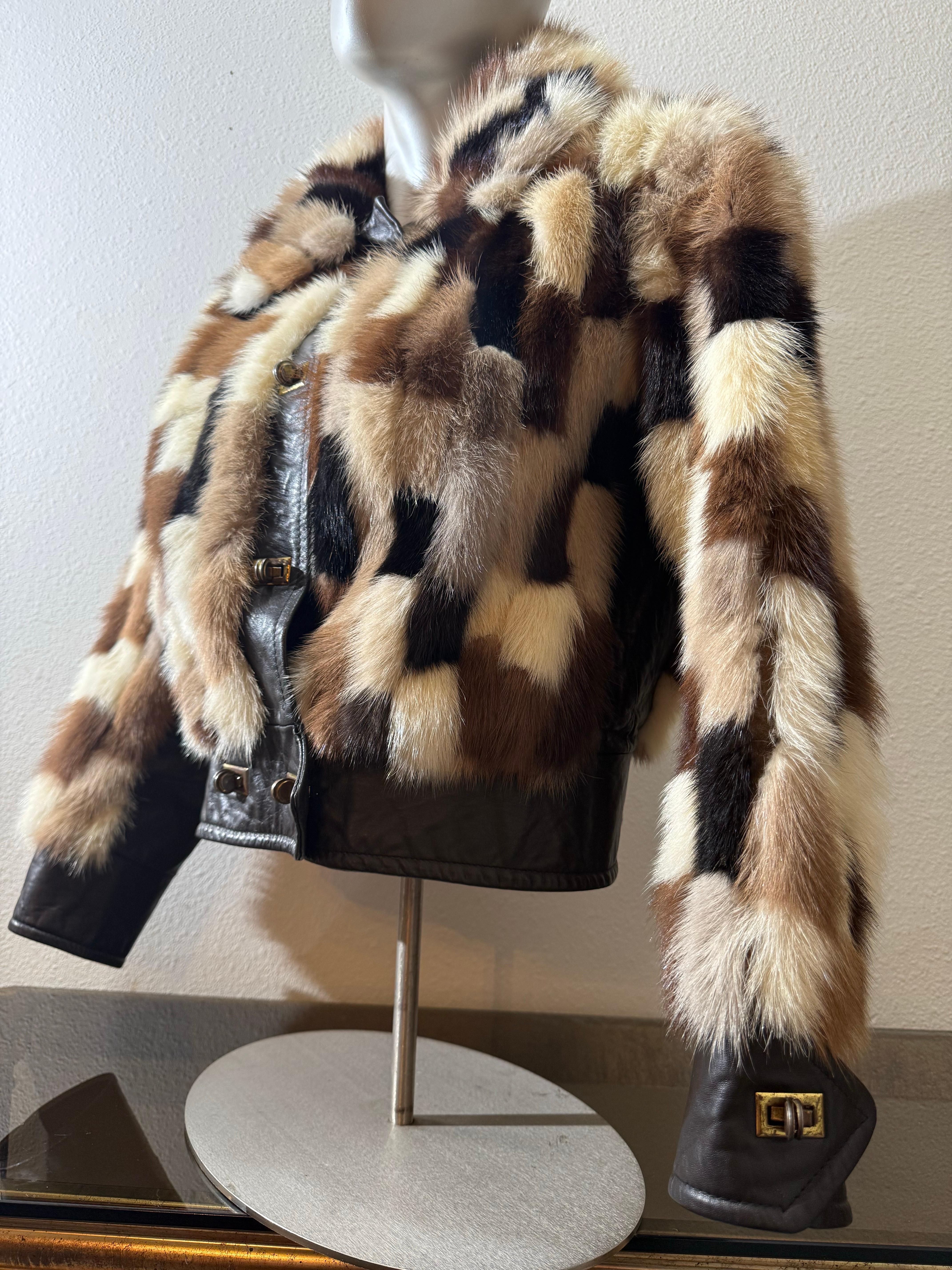 1960er Evans Furs Natural & Dyed Mink Patchwork Taille hohe Jacke w Leder Trim im Angebot 5