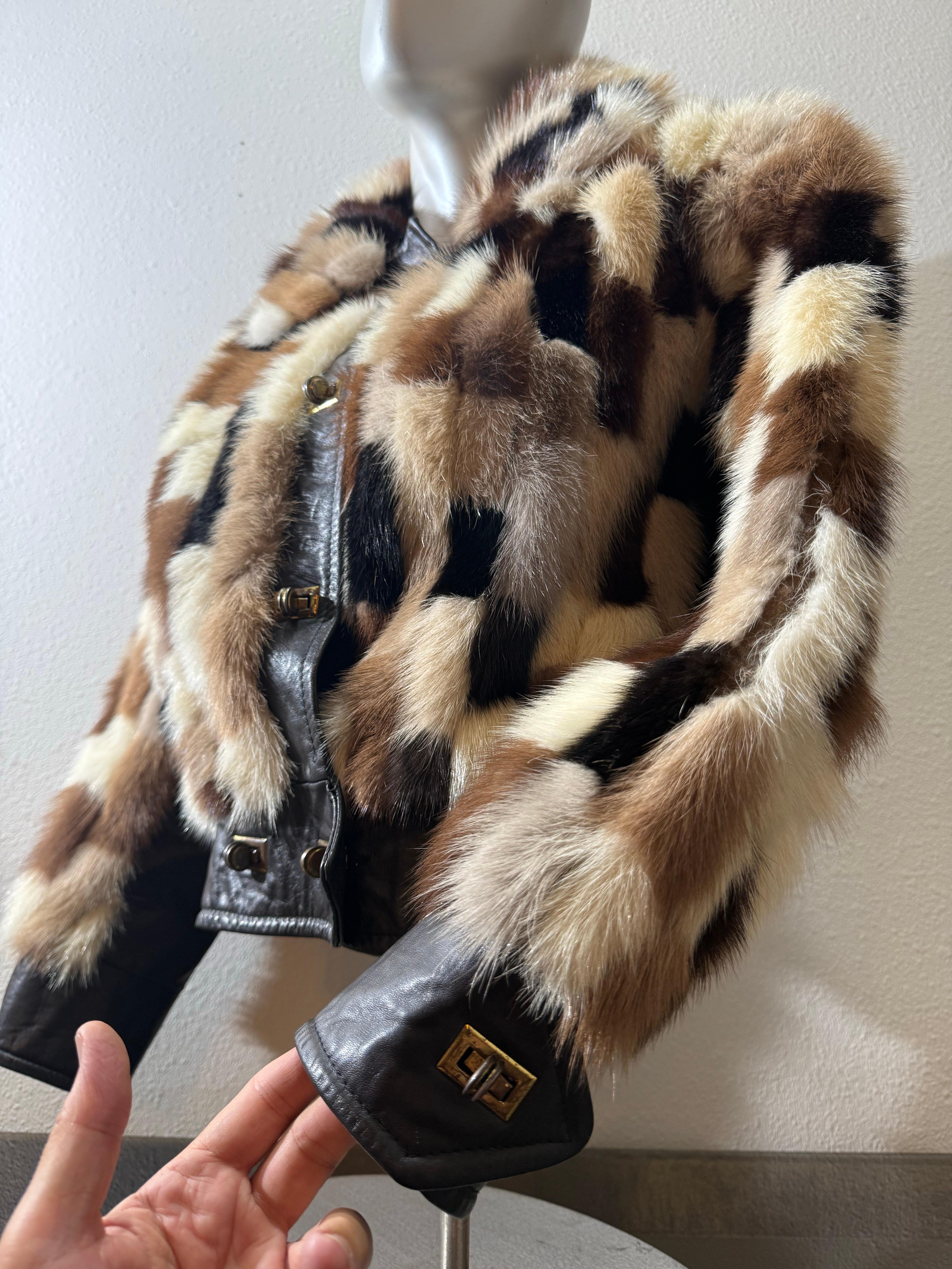 1960er Evans Furs Natural & Dyed Mink Patchwork Taille hohe Jacke w Leder Trim im Angebot 6