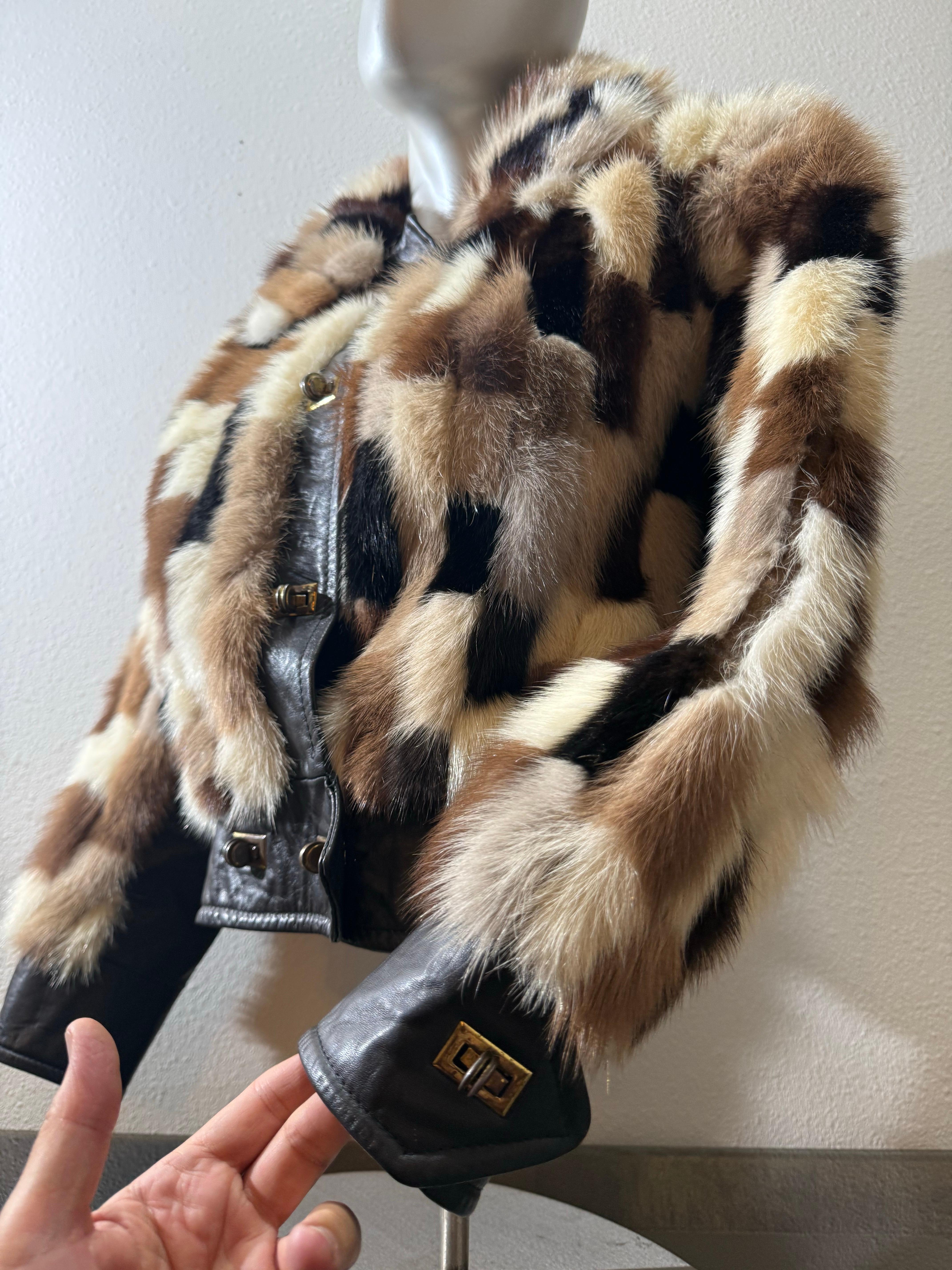 1960er Evans Furs Natural & Dyed Mink Patchwork Taille hohe Jacke w Leder Trim im Angebot 7