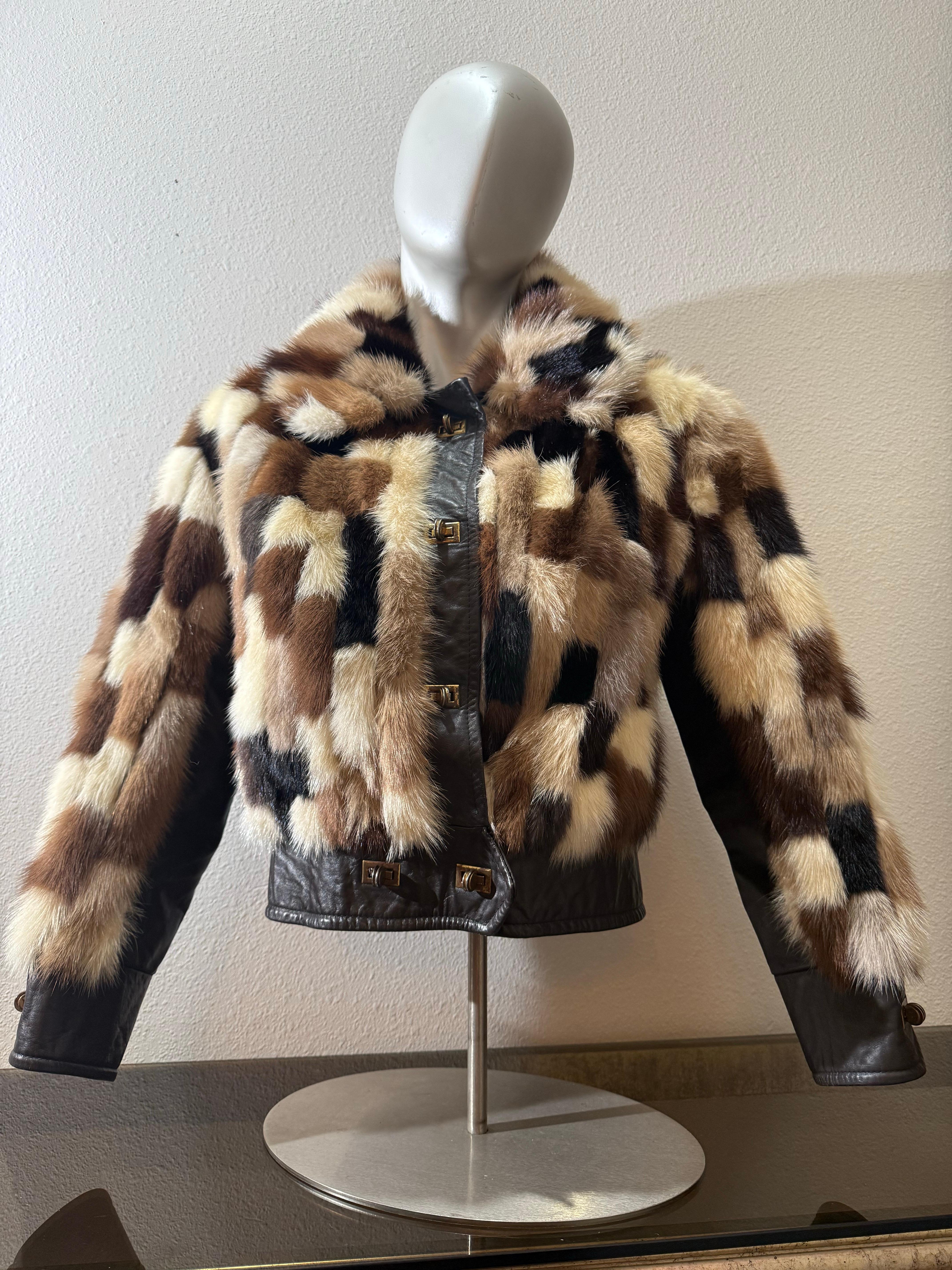 1960er Evans Furs Natural & Dyed Mink Patchwork Taille hohe Jacke w Leder Trim im Angebot 8