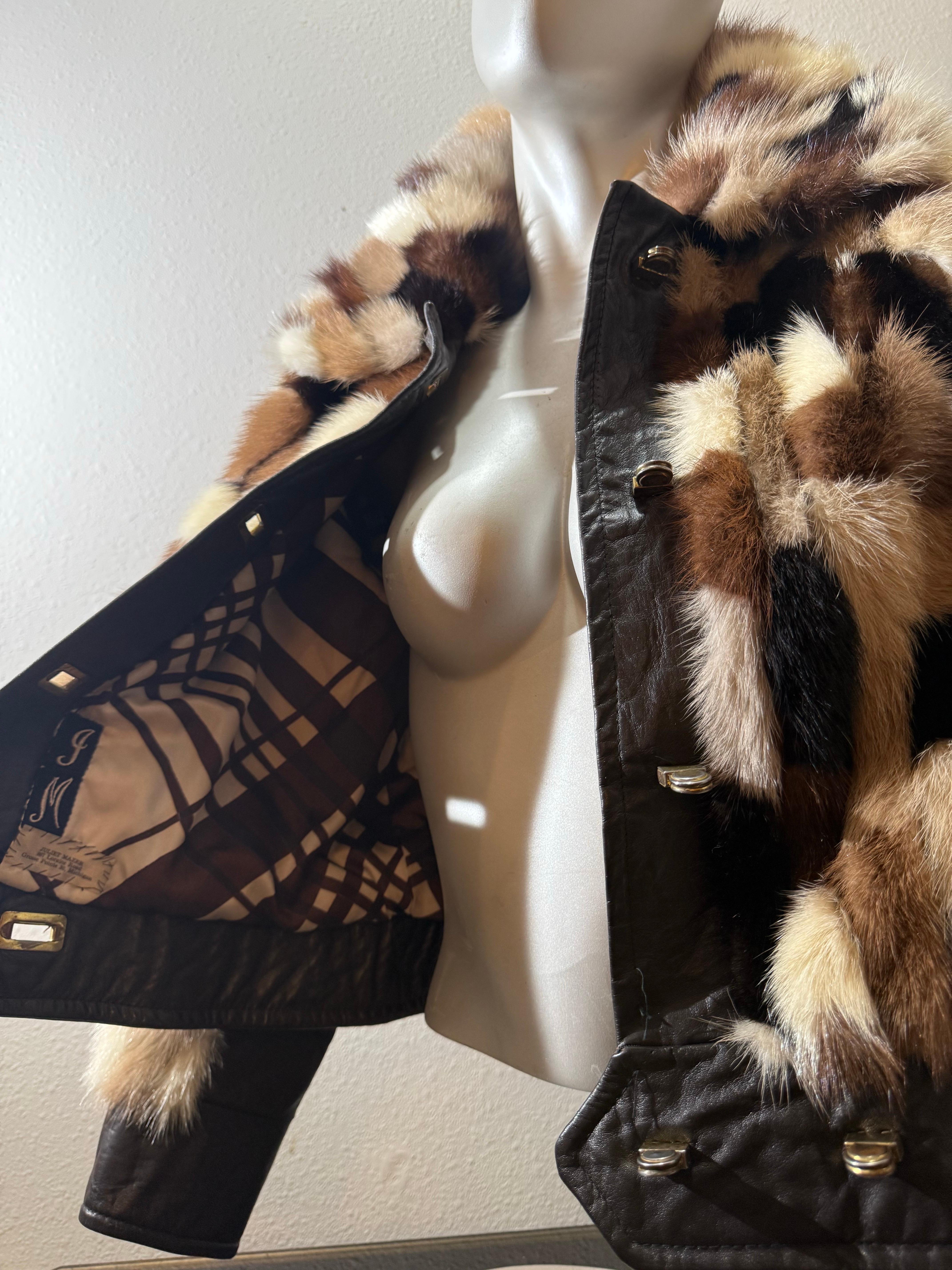 1960er Evans Furs Natural & Dyed Mink Patchwork Taille hohe Jacke w Leder Trim im Angebot 11