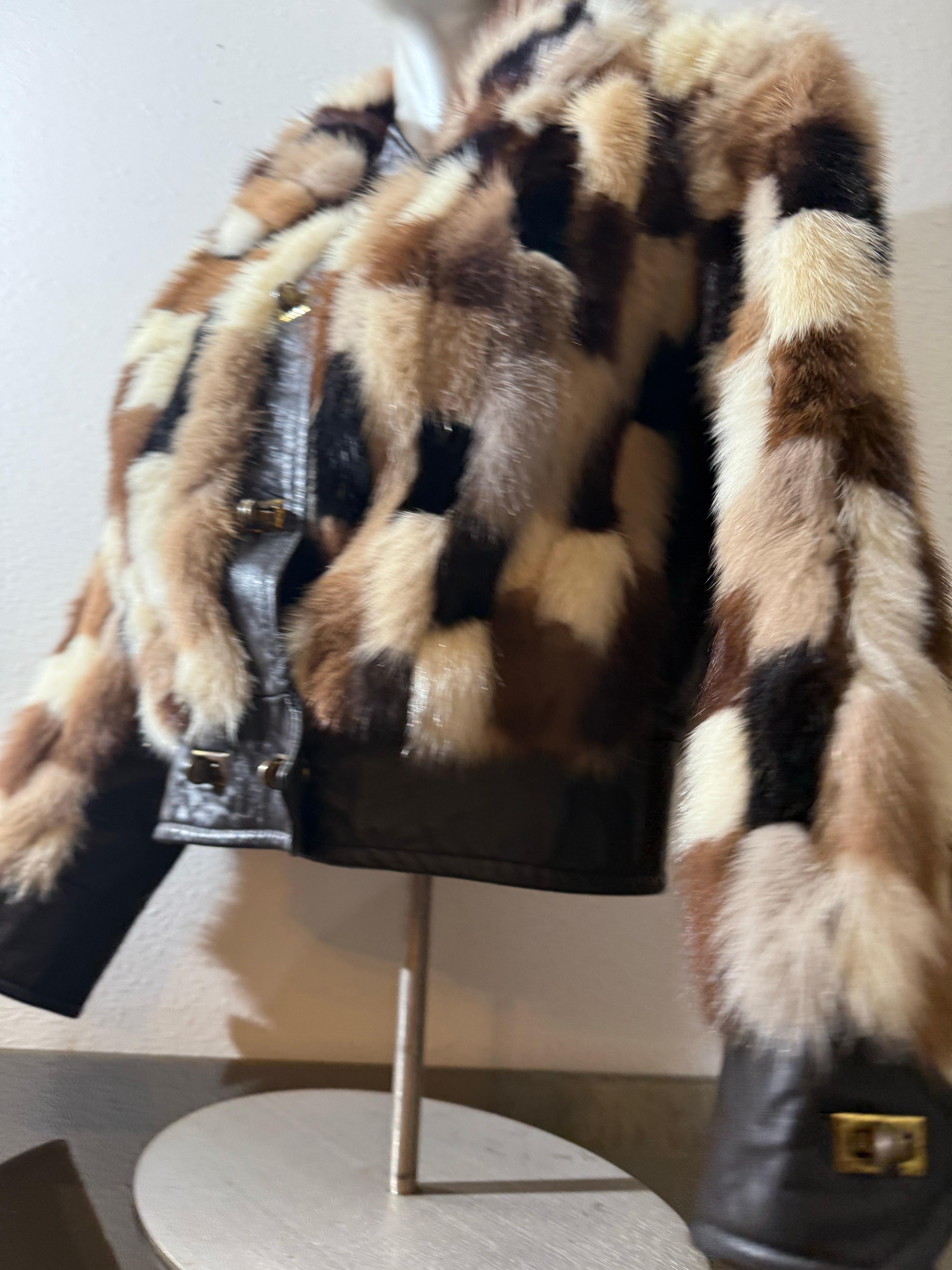 1960er Evans Furs Natural & Dyed Mink Patchwork Taille hohe Jacke w Leder Trim im Zustand „Hervorragend“ im Angebot in Gresham, OR