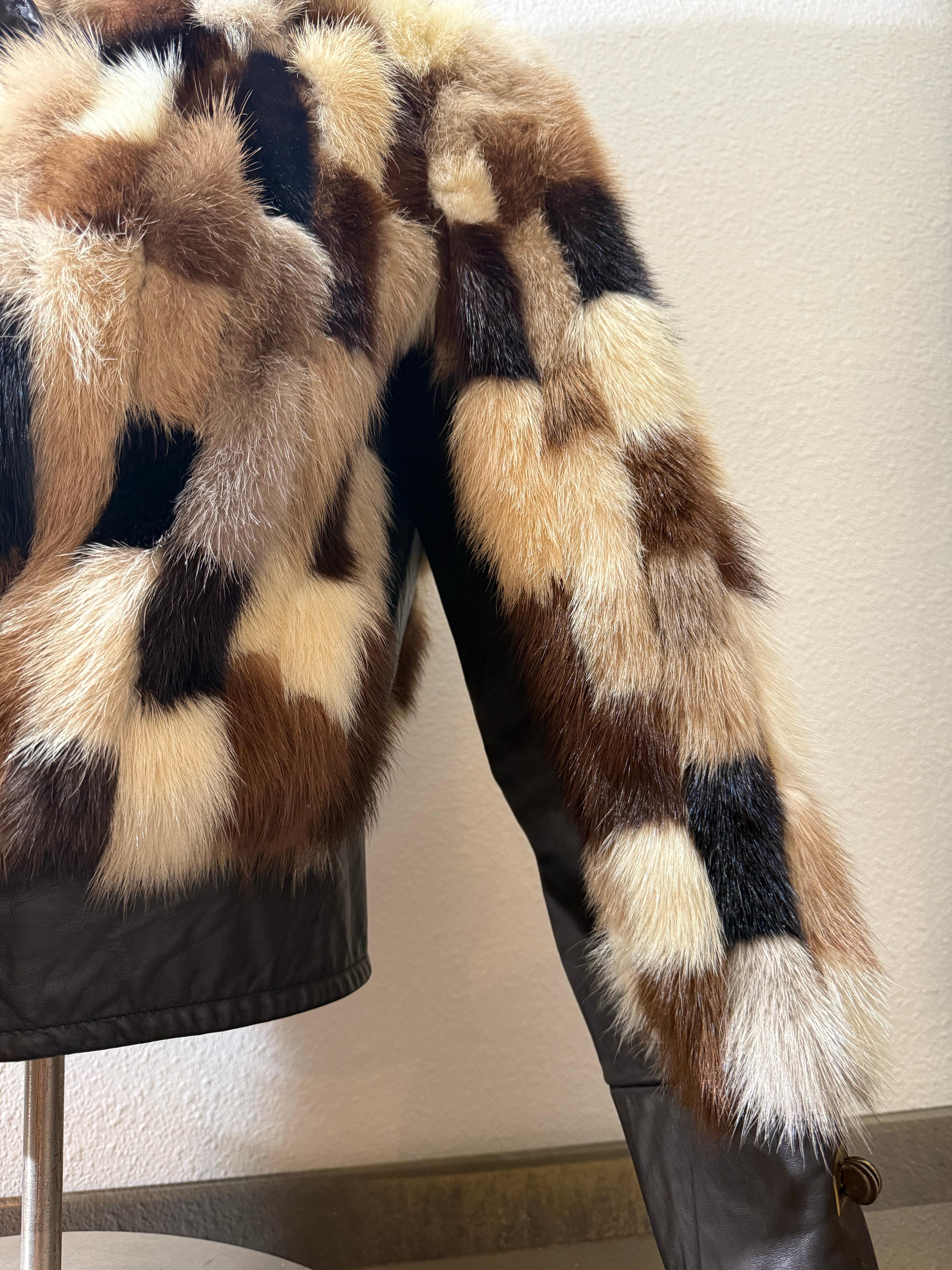 1960er Evans Furs Natural & Dyed Mink Patchwork Taille hohe Jacke w Leder Trim Damen im Angebot