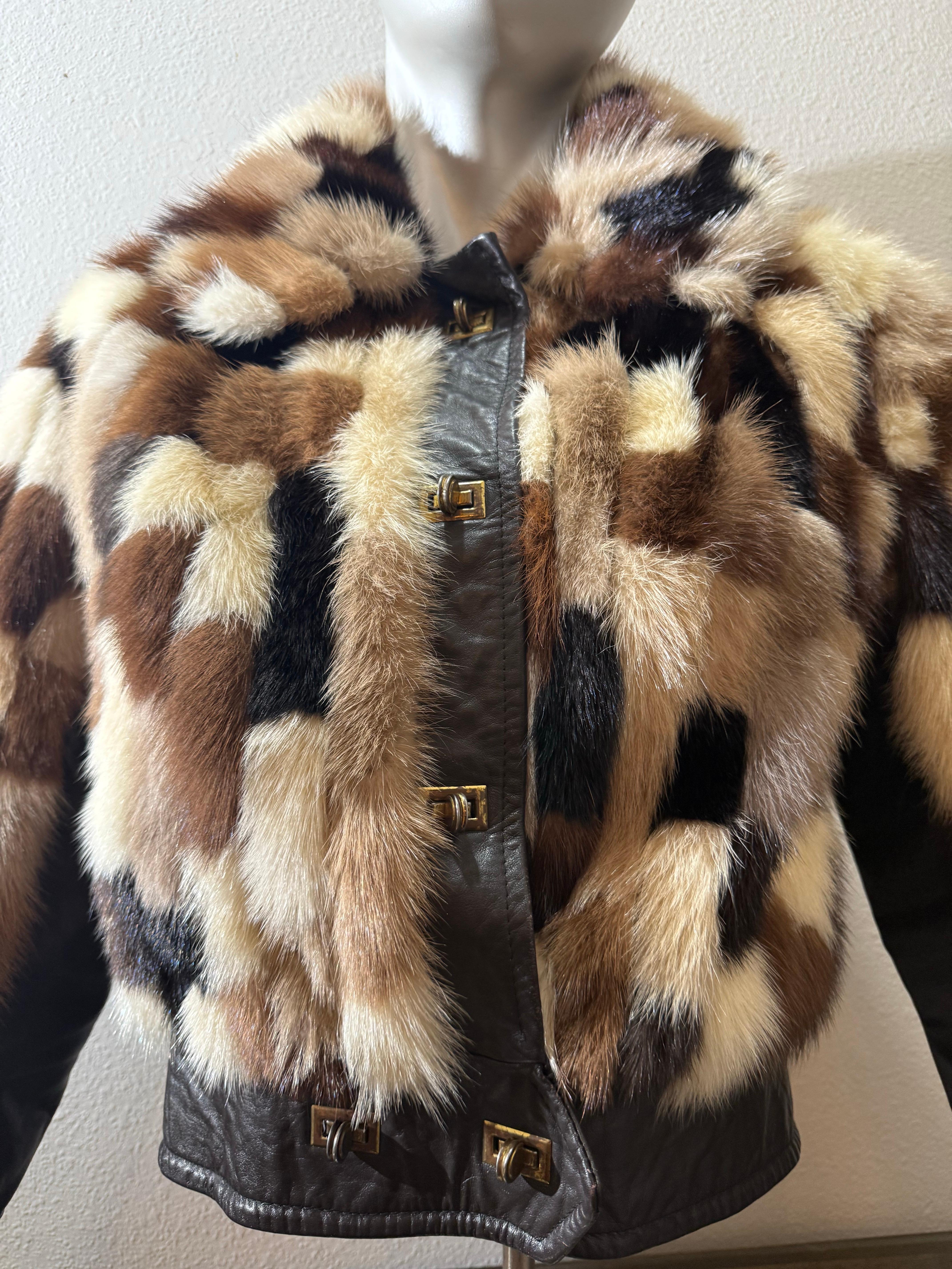 1960er Evans Furs Natural & Dyed Mink Patchwork Taille hohe Jacke w Leder Trim im Angebot 1