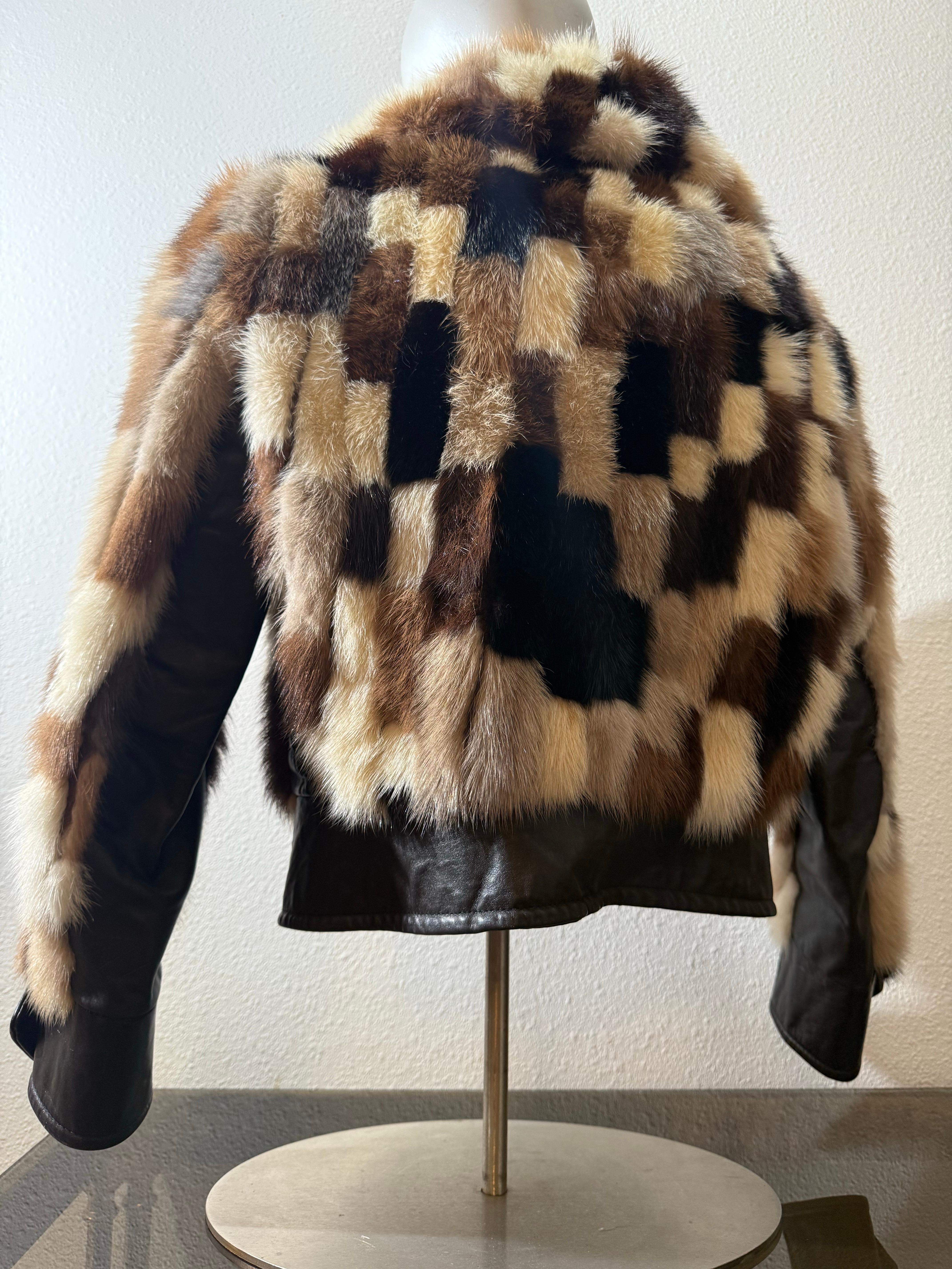 1960er Evans Furs Natural & Dyed Mink Patchwork Taille hohe Jacke w Leder Trim im Angebot 2