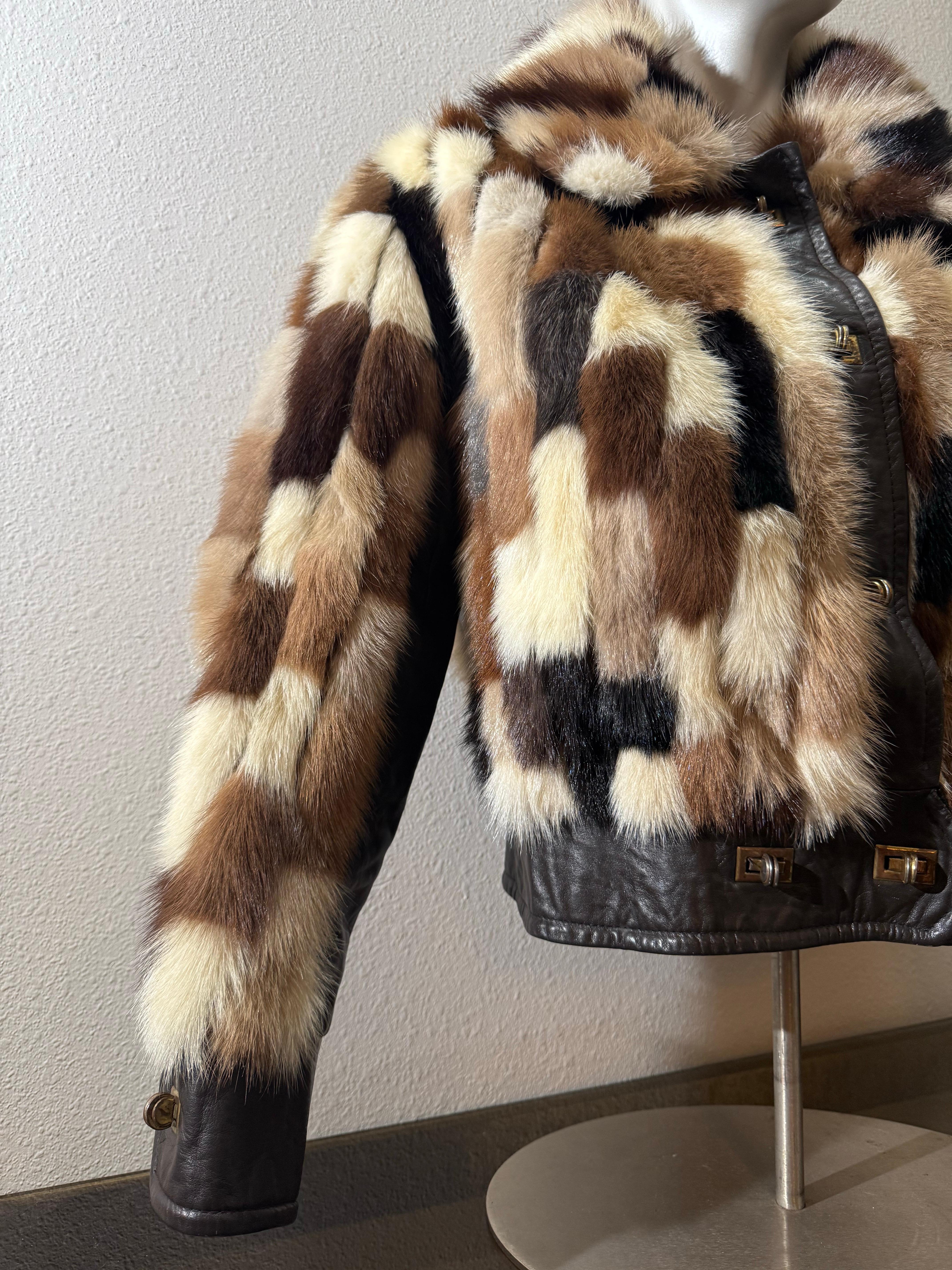 1960er Evans Furs Natural & Dyed Mink Patchwork Taille hohe Jacke w Leder Trim im Angebot 3