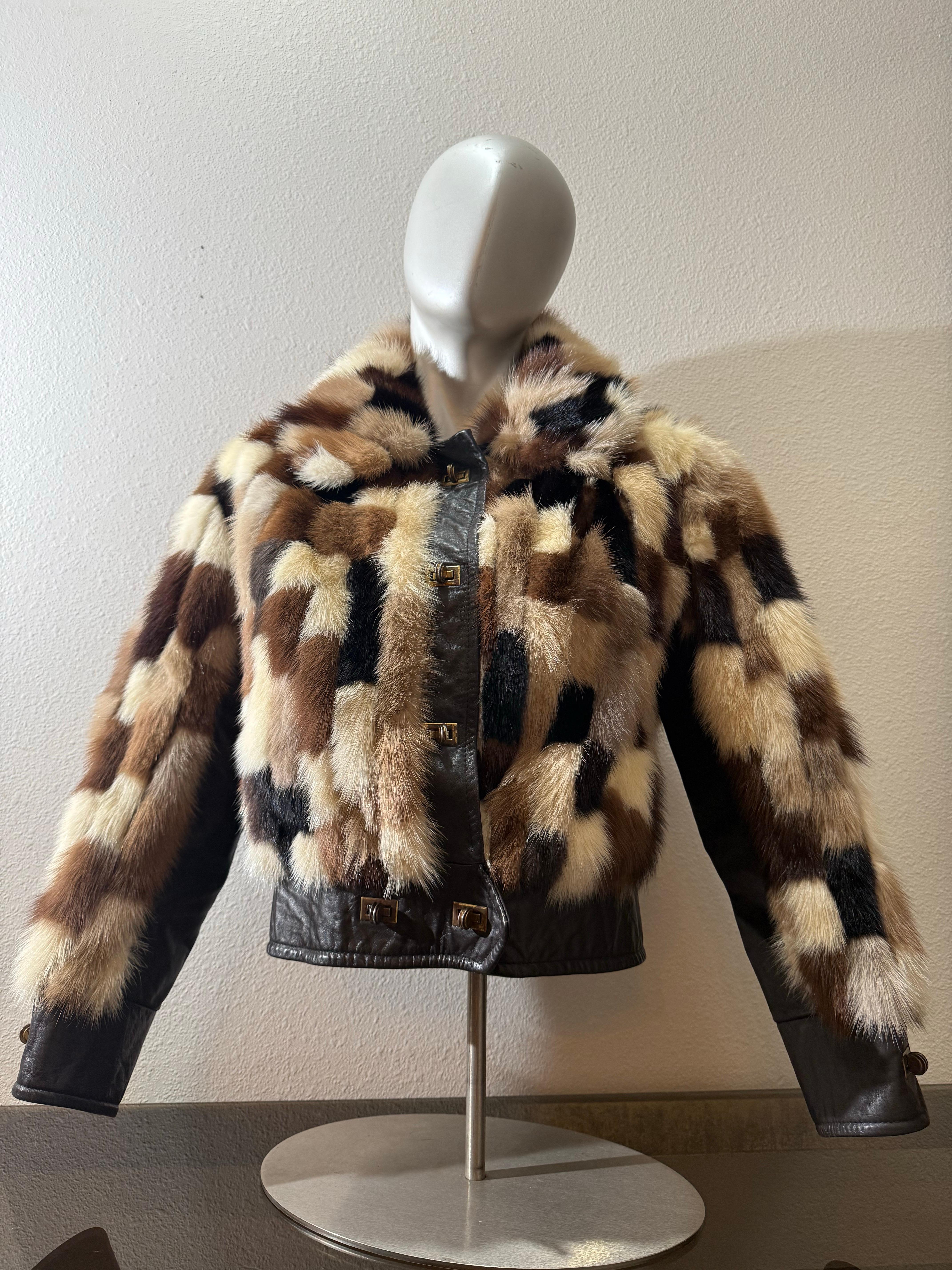 1960er Evans Furs Natural & Dyed Mink Patchwork Taille hohe Jacke w Leder Trim im Angebot 4