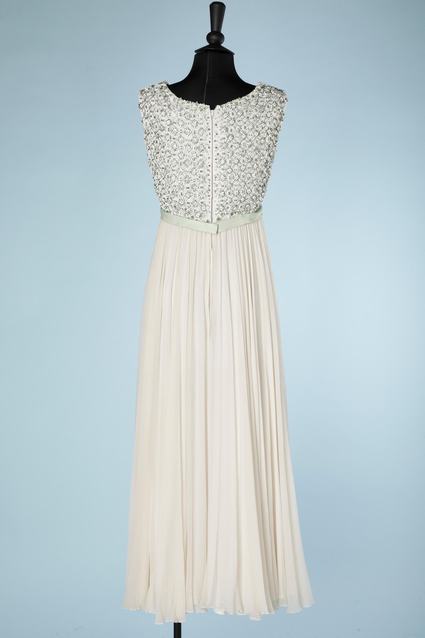 Beige 1960's evening gown embroidered top and ivory chiffon skirt For Sale