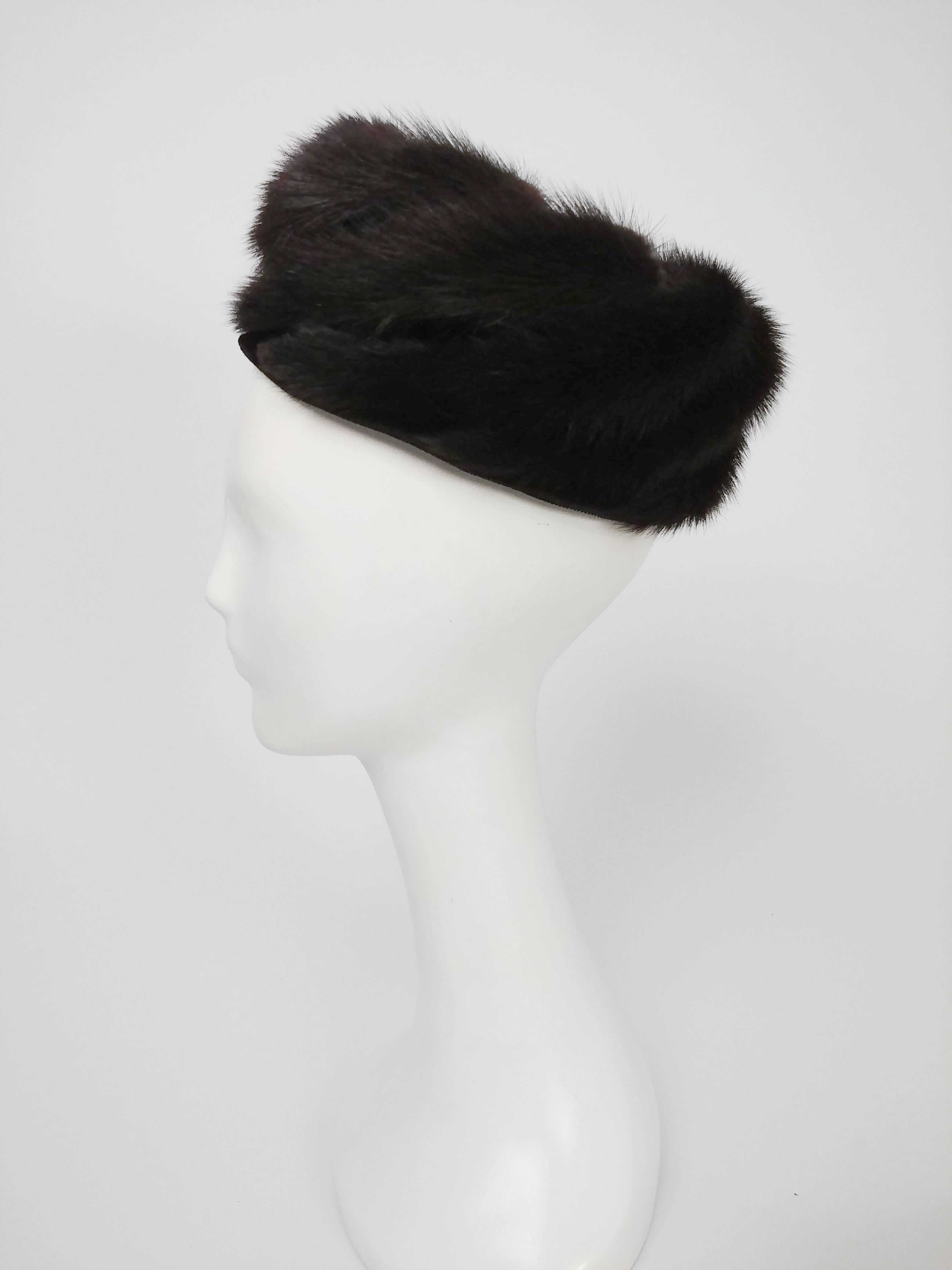 1960s Espresso Dark Brown Mink Hat. Spiral pattern in fur, lined with black velvet. 