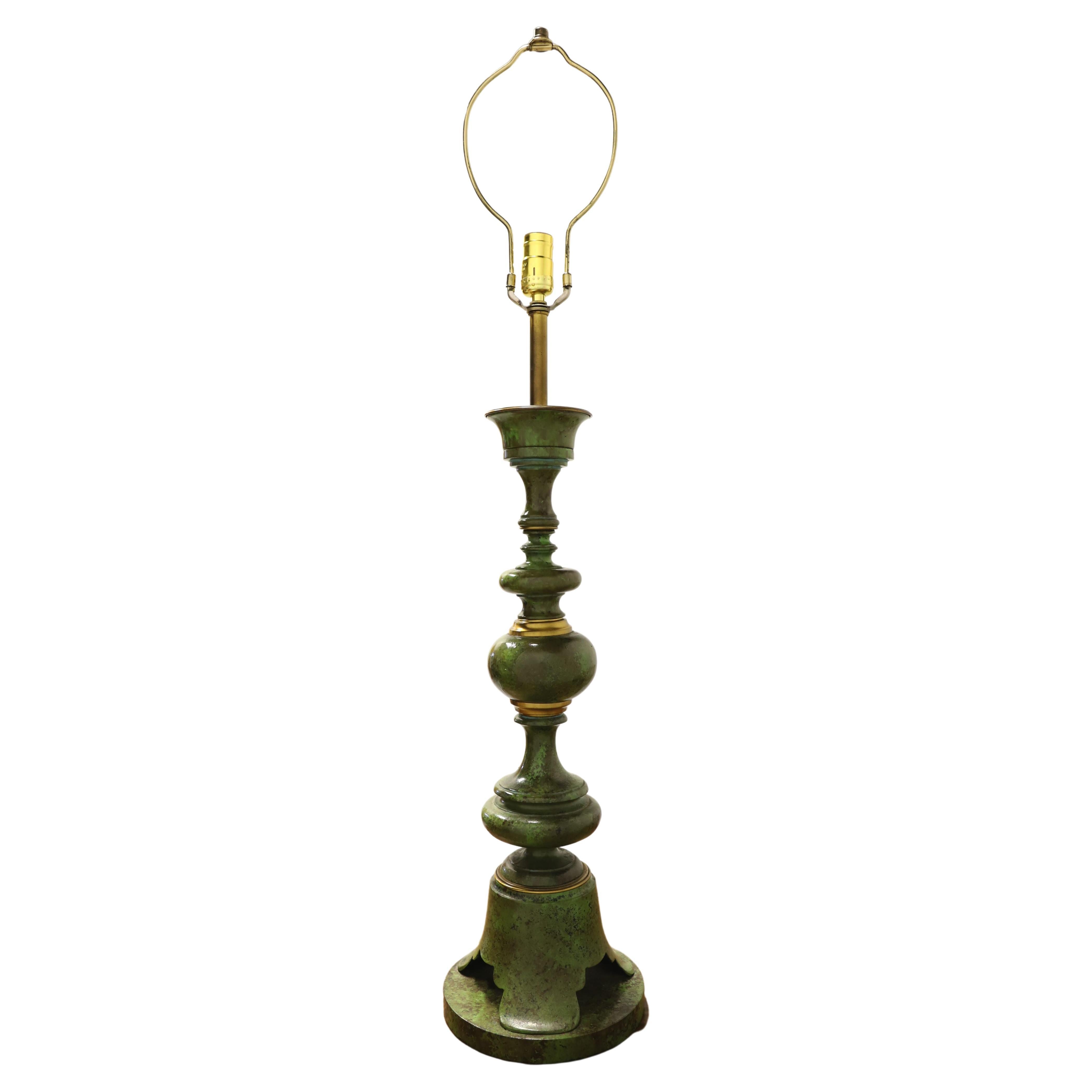 1960's Extra Large Hollywood Regency Green and Gold Metal Table Lamp For Sale