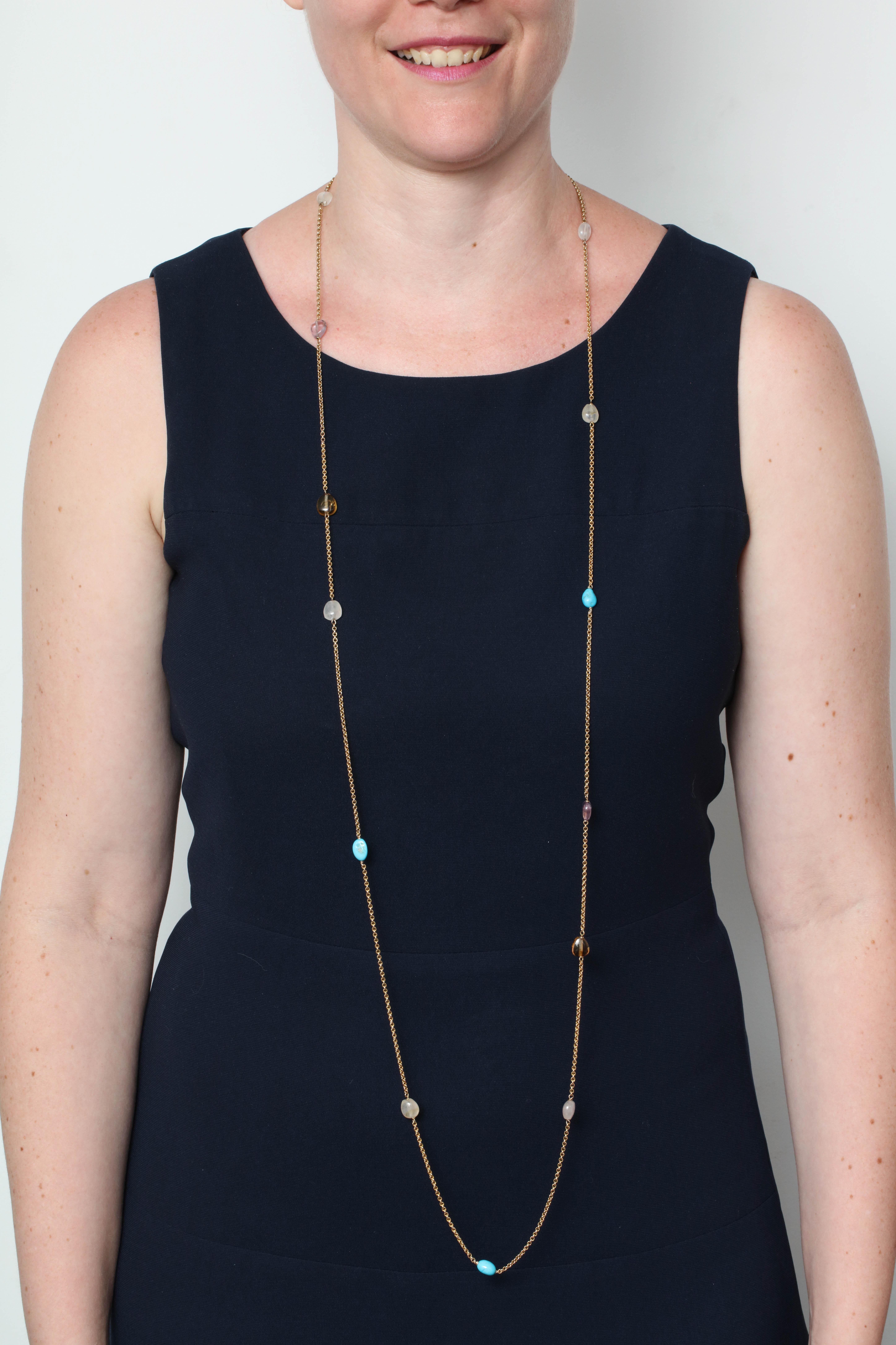 1960s Extra Long Box Link with Semi Precious Stones Gold Link Chain Necklace In Good Condition In New York, NY