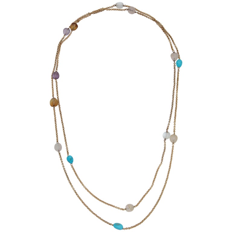 1960s Extra Long Box Link with Semi Precious Stones Gold Link Chain