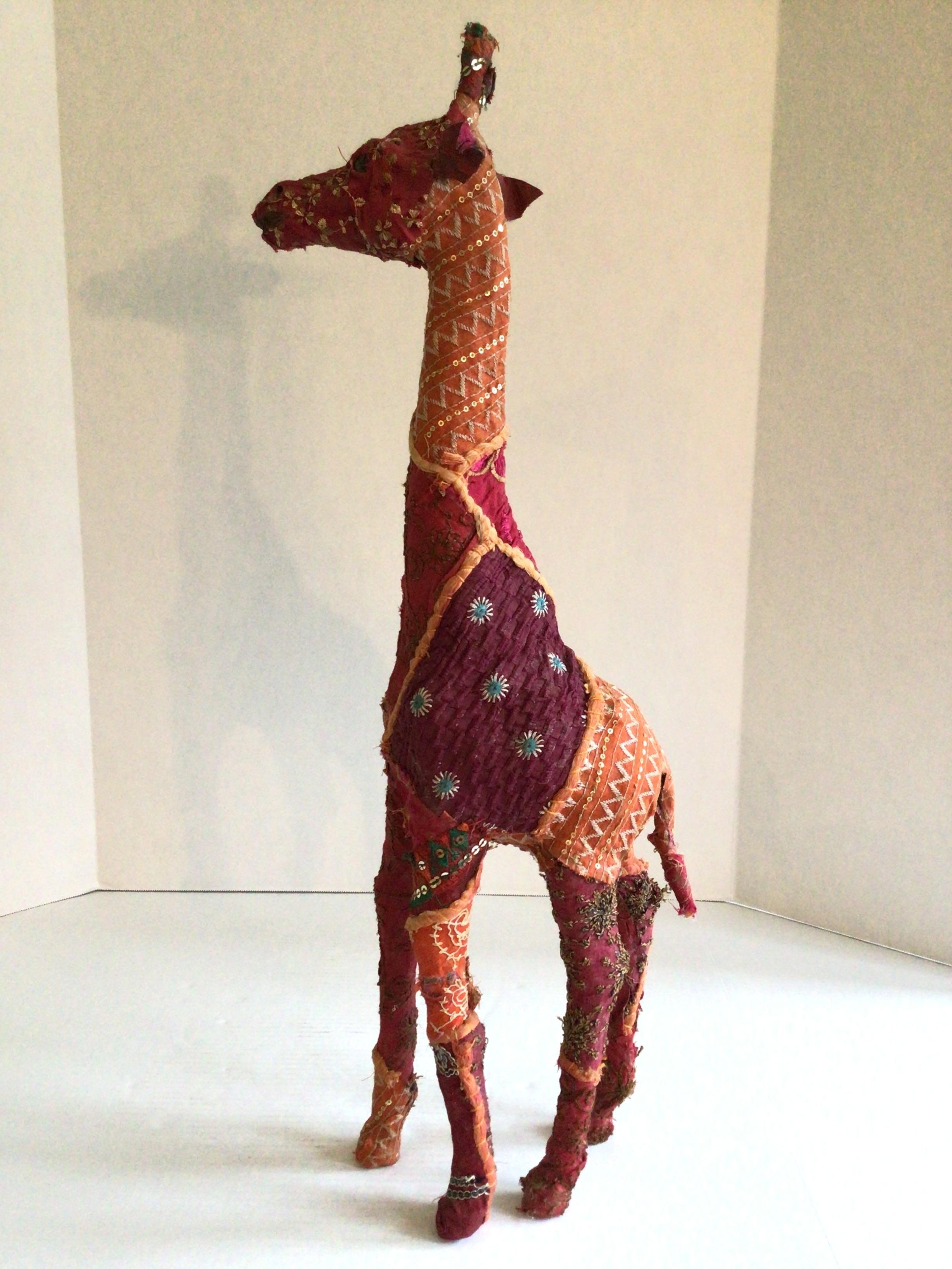 Indian 1960s Fabric Wrapped Giraffe Sculpture With Embroidered Embellishments For Sale