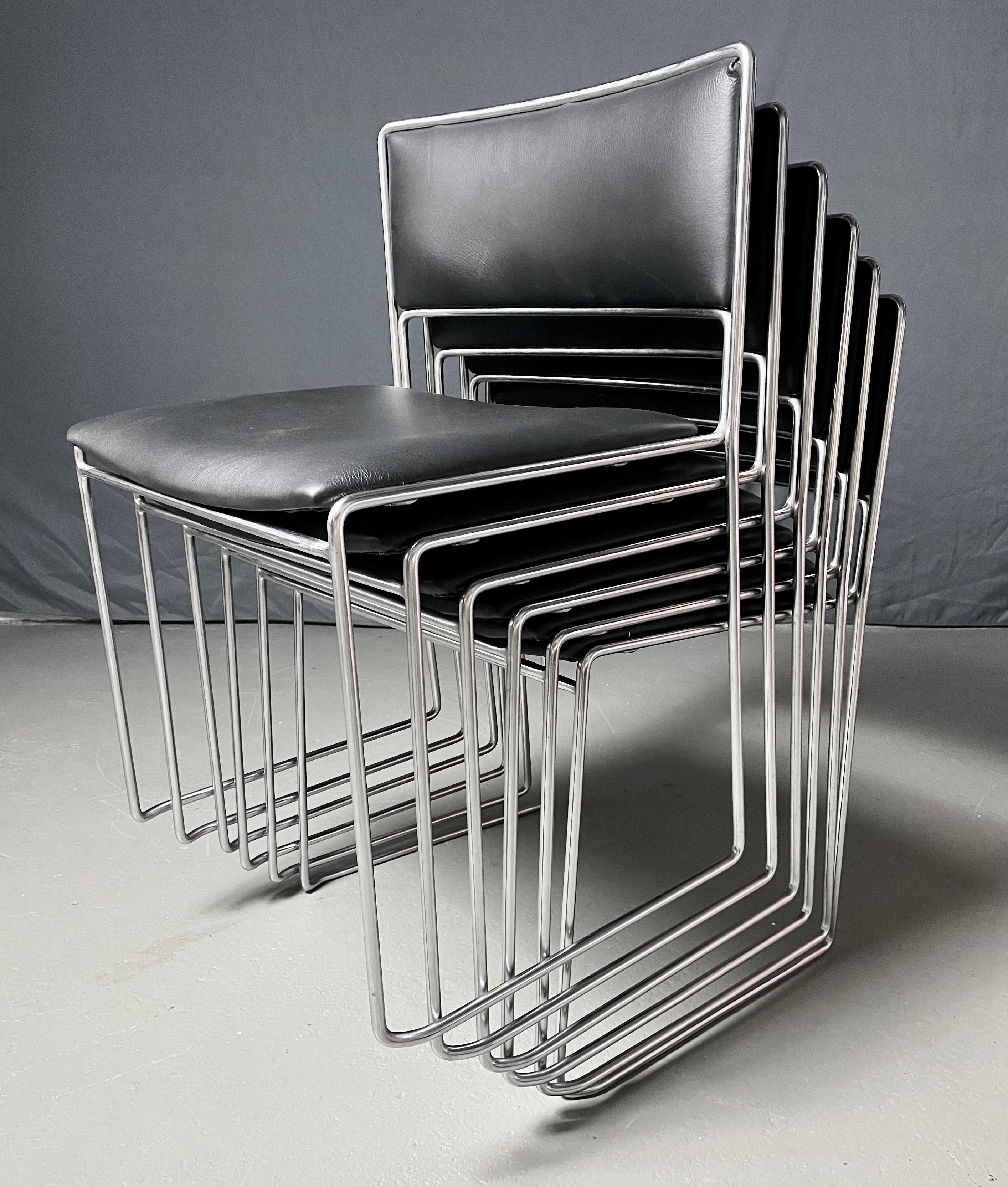 Newly restored and upgraded to top grain black leather, chrome frame dining chairs by Fabricius / Kastholm, Germany, 1965. 

This set of six stacking chairs are made out of chromium plated steel frame.

Designed by the Danish duo