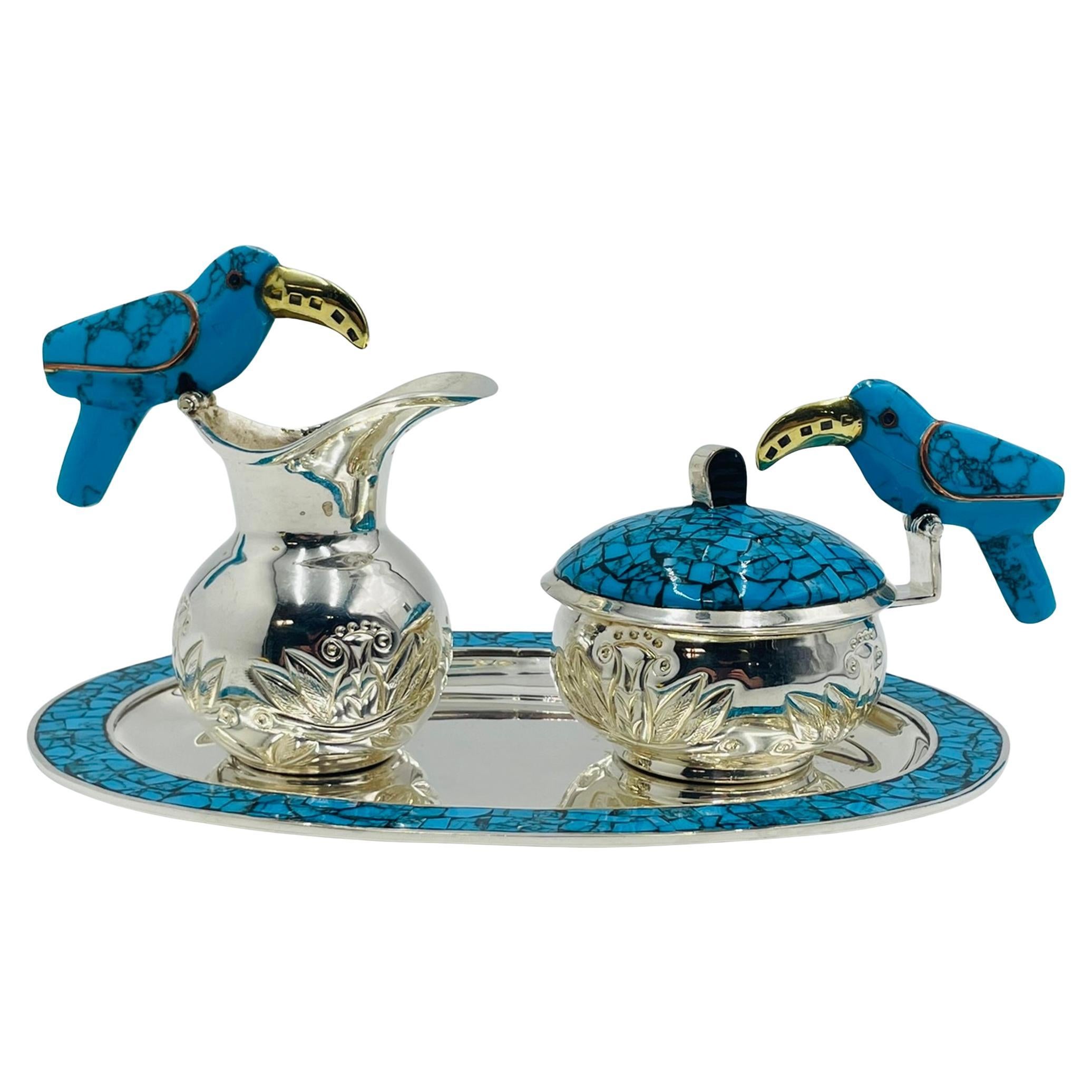 1960s Fajardo Taxco Silver Plate Brass Lapis Toucan Creamer Sugar Tray Set For Sale