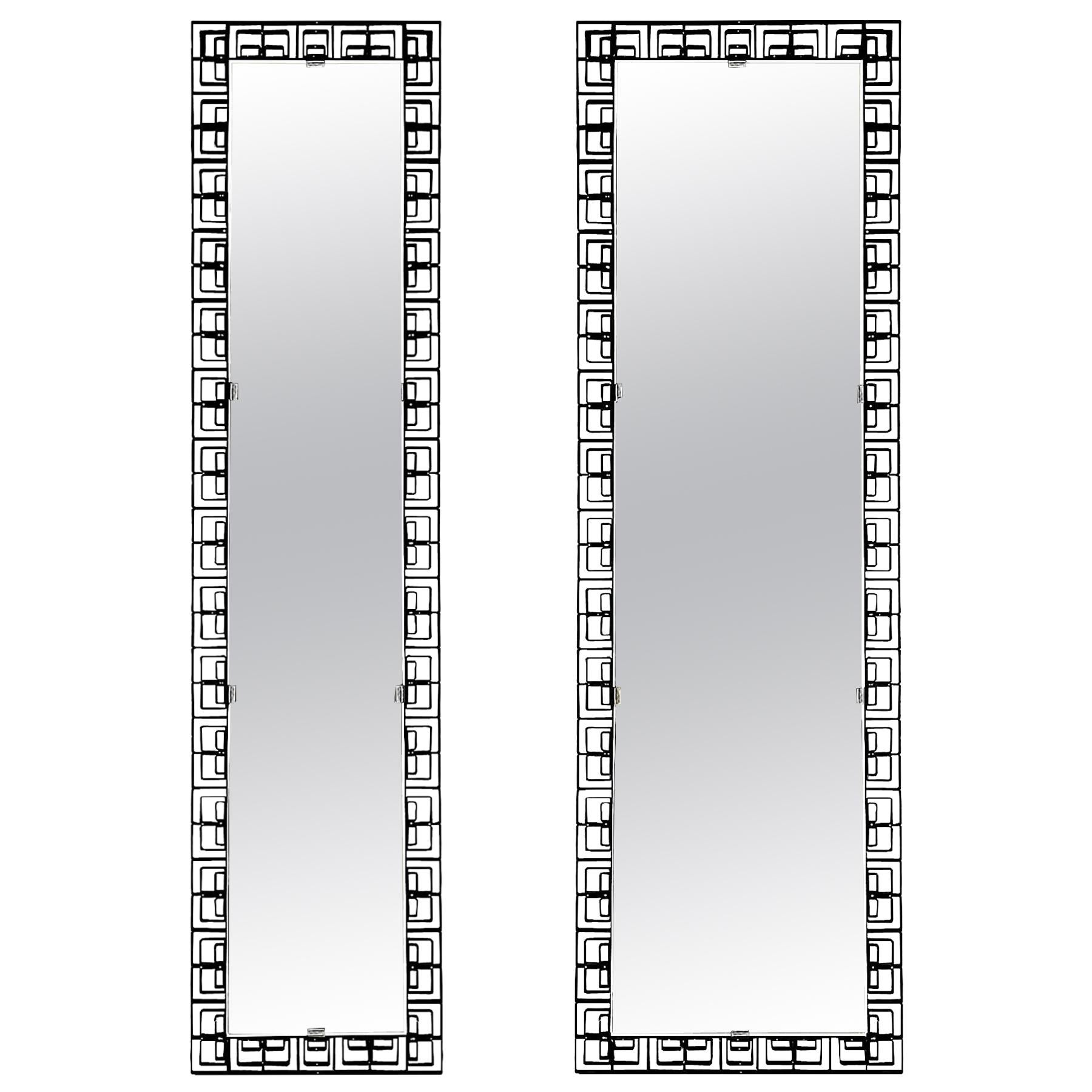 False Pair of Mid-Century Modern Mirrors, Wrought Iron Frame, Black Patina-Italy