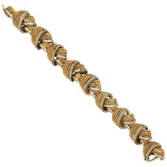 Retro, Vintage, 1950s  18 K Yellow Gold Rope Knot Diamond Statement Bracelet