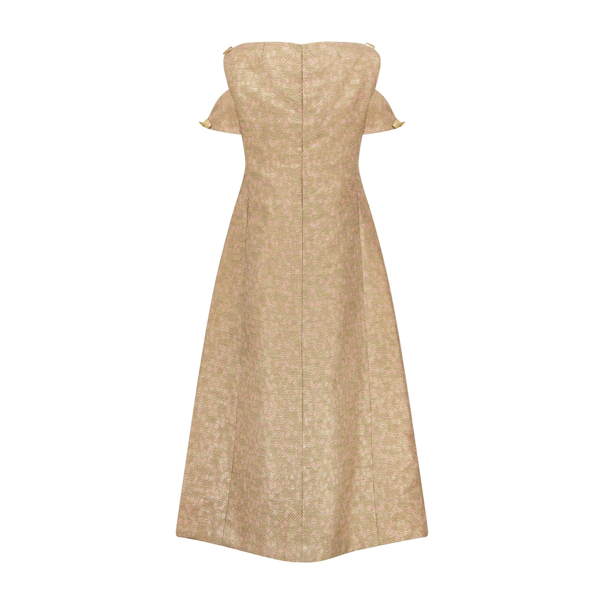 Beige 1960s Fantasy Tweed Couture Maxi Dress with Off-the-Shoulder Detail For Sale