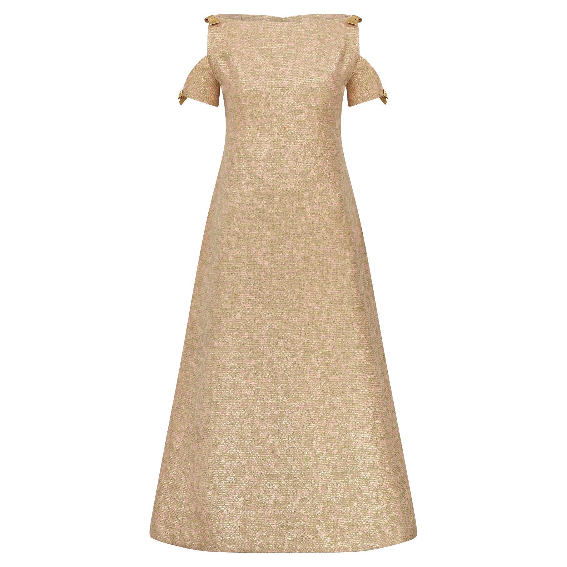 1960s Fantasy Tweed Couture Maxi Dress with Off-the-Shoulder Detail For Sale