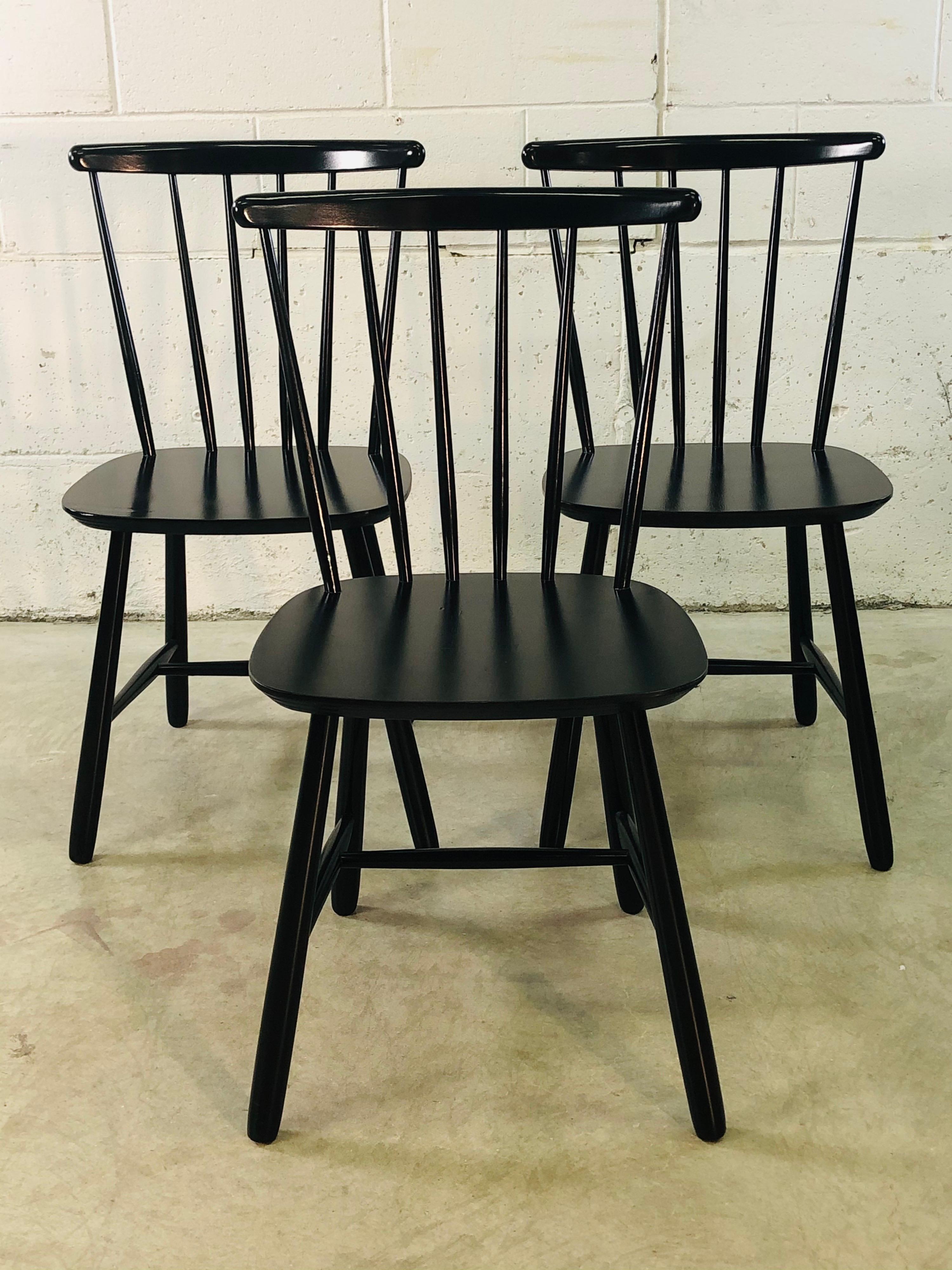 Vintage Danish set of 3 Farstrup Danish dining chairs. The chairs were designed by Thomas Harlev. Newly refinished and painted. Marked underneath. Very sturdy.