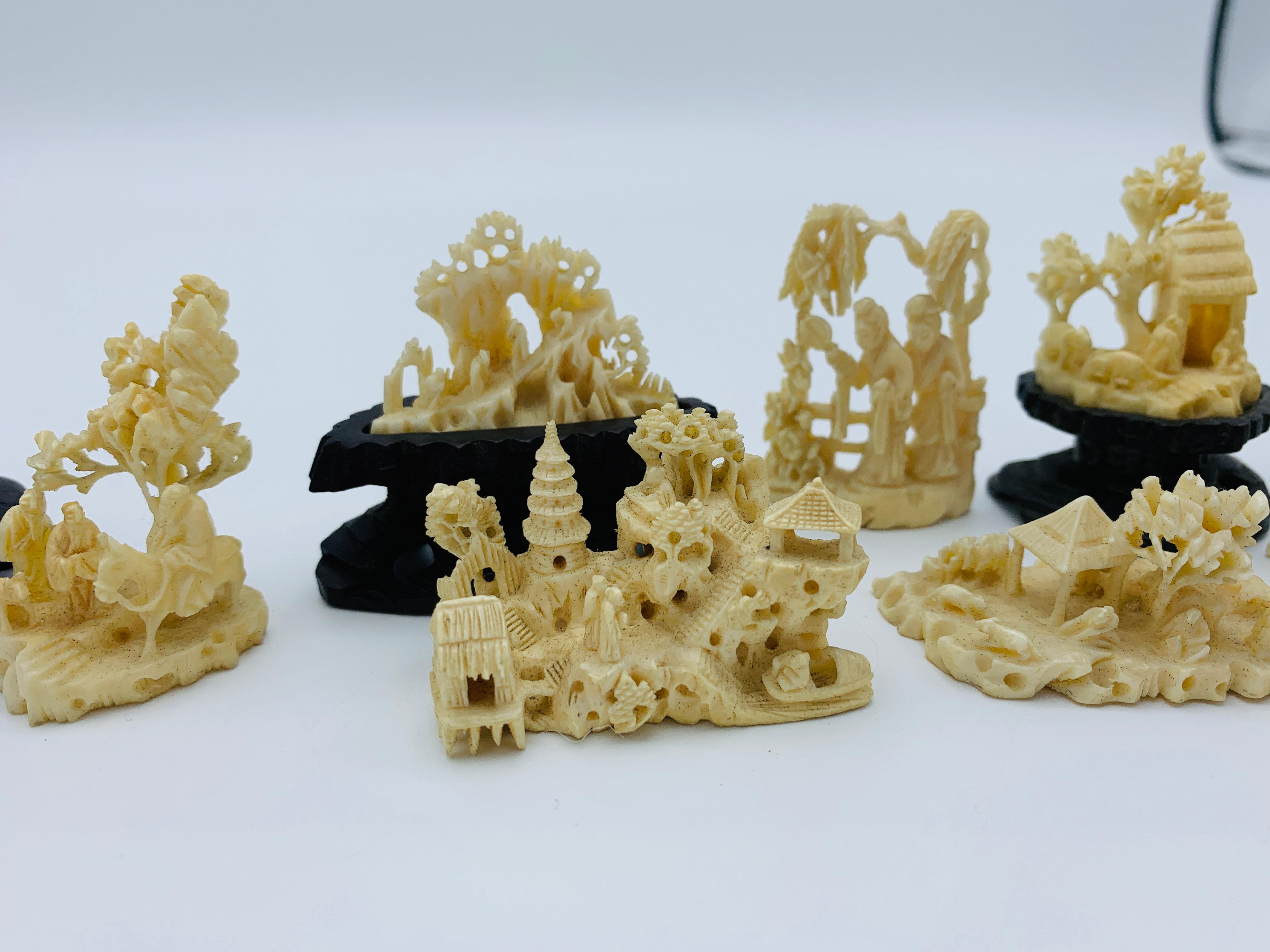 Chinoiserie 1960s Faux Ivory Ornate Scenery Sculptures, Set of 9 For Sale