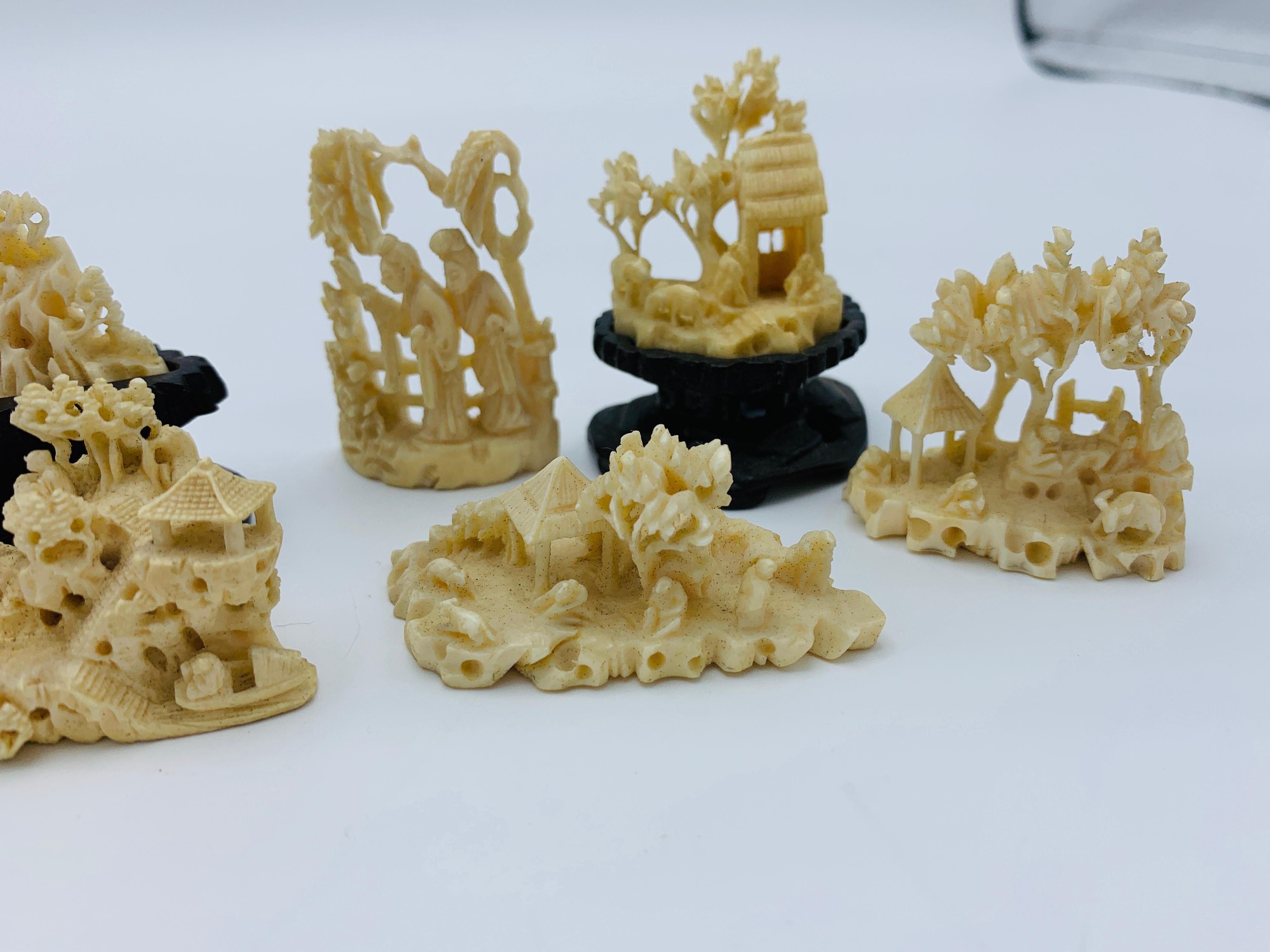 Hand-Carved 1960s Faux Ivory Ornate Scenery Sculptures, Set of 9 For Sale