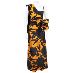 1960's French Demi Couture Black and Orange Gown with Shoulder Detail 