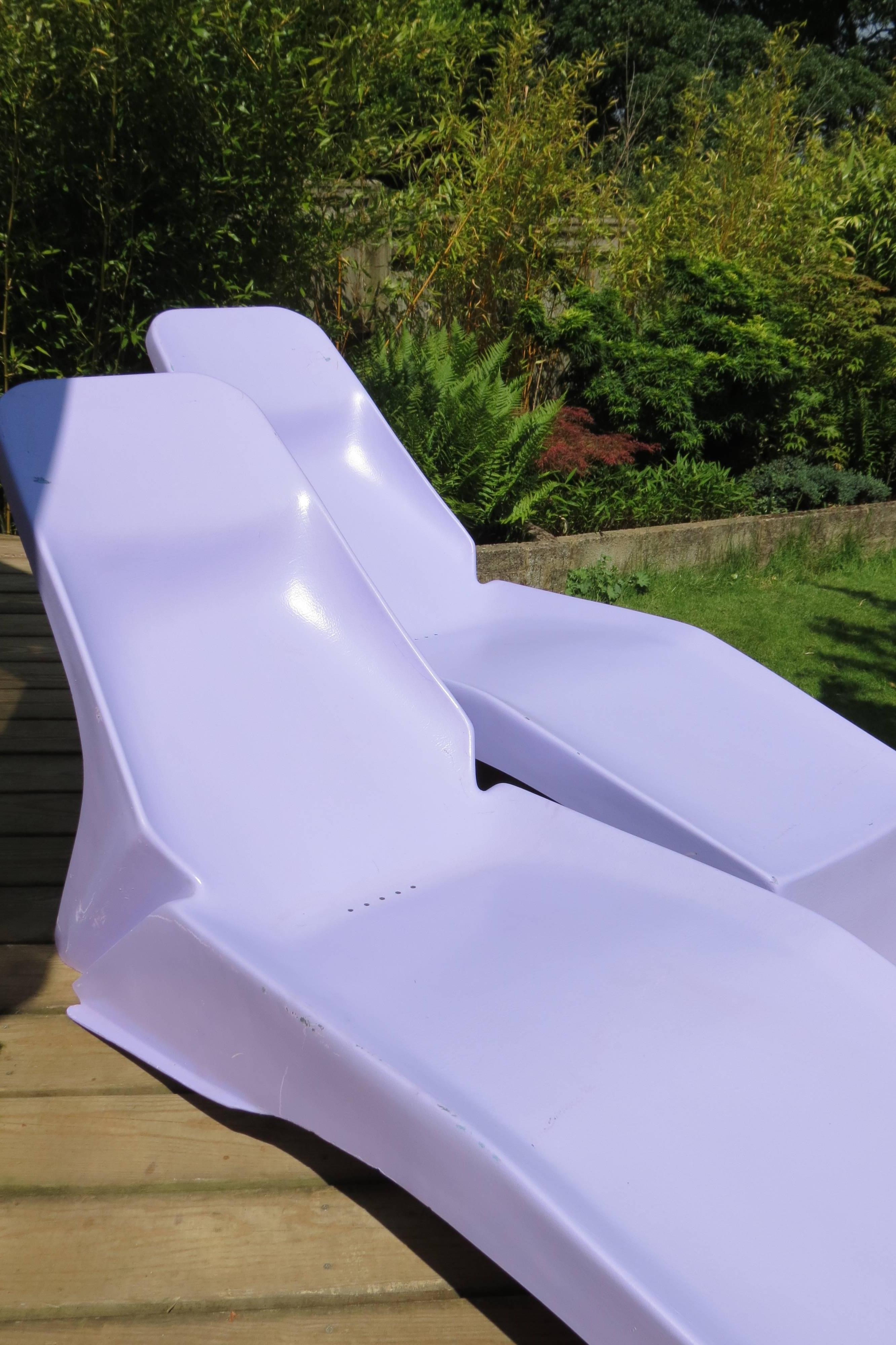 Original 1960s sunloungers made from fibreglass. In good vintage condition, some marks and loss of paint in areas as shown in the photographs. I believe they have been overpainted at some point, probably some time ago. A very stylish piece from the