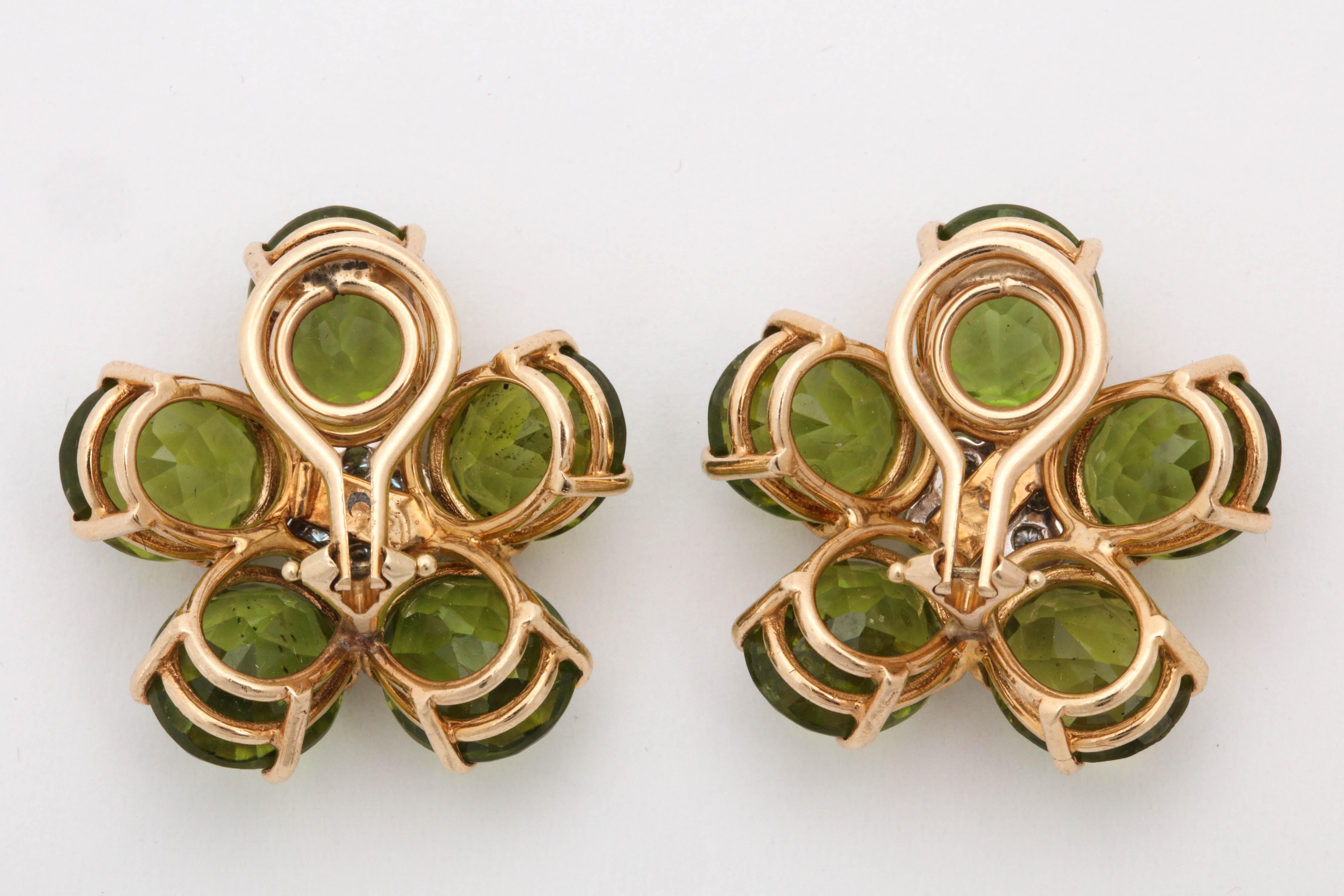 Oval Cut 1960s Figural Floral Peridot with Diamond Centers Gold Clip on Earrings