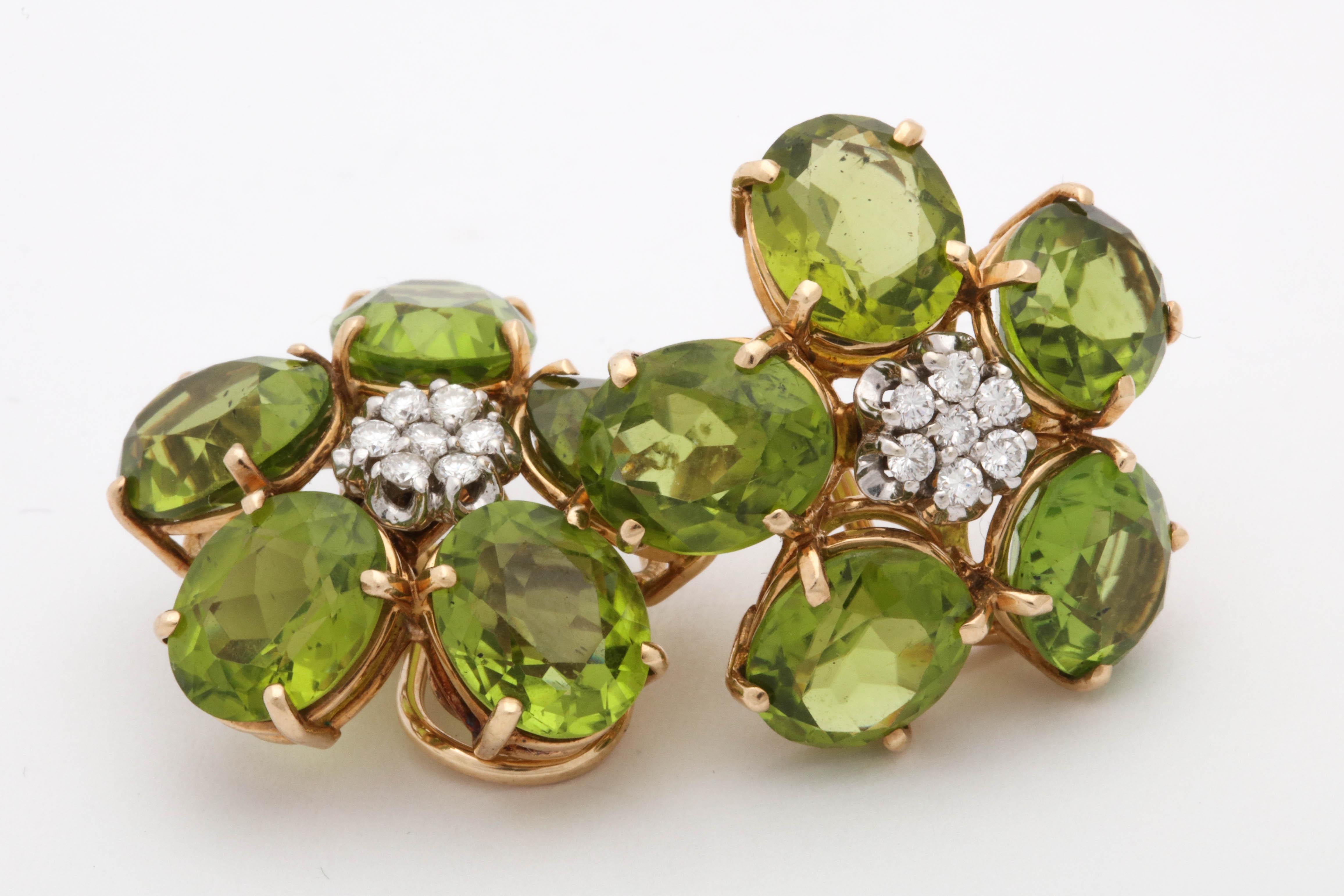 1960s Figural Floral Peridot with Diamond Centers Gold Clip on Earrings In Good Condition In New York, NY