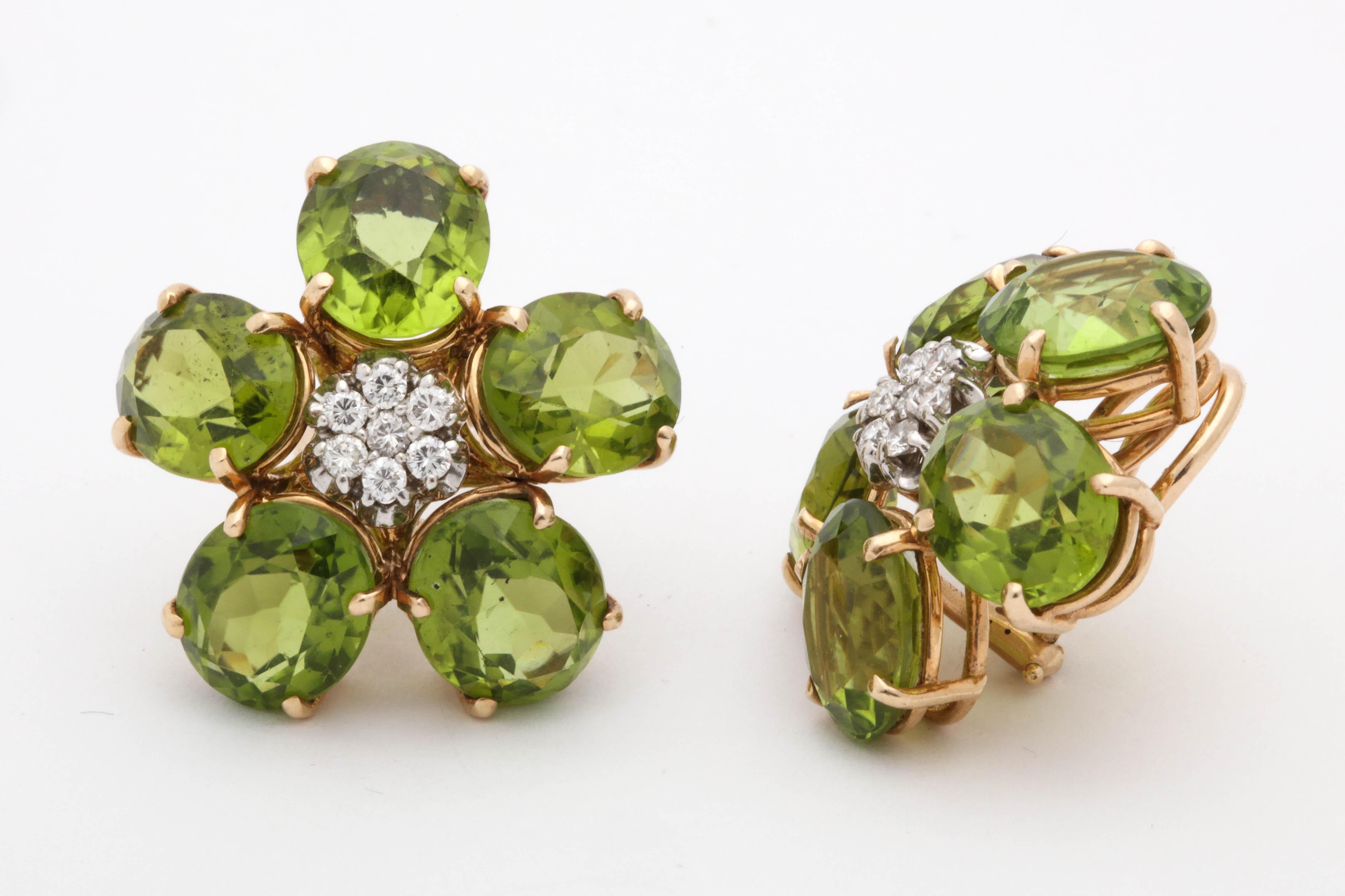 Women's 1960s Figural Floral Peridot with Diamond Centers Gold Clip on Earrings