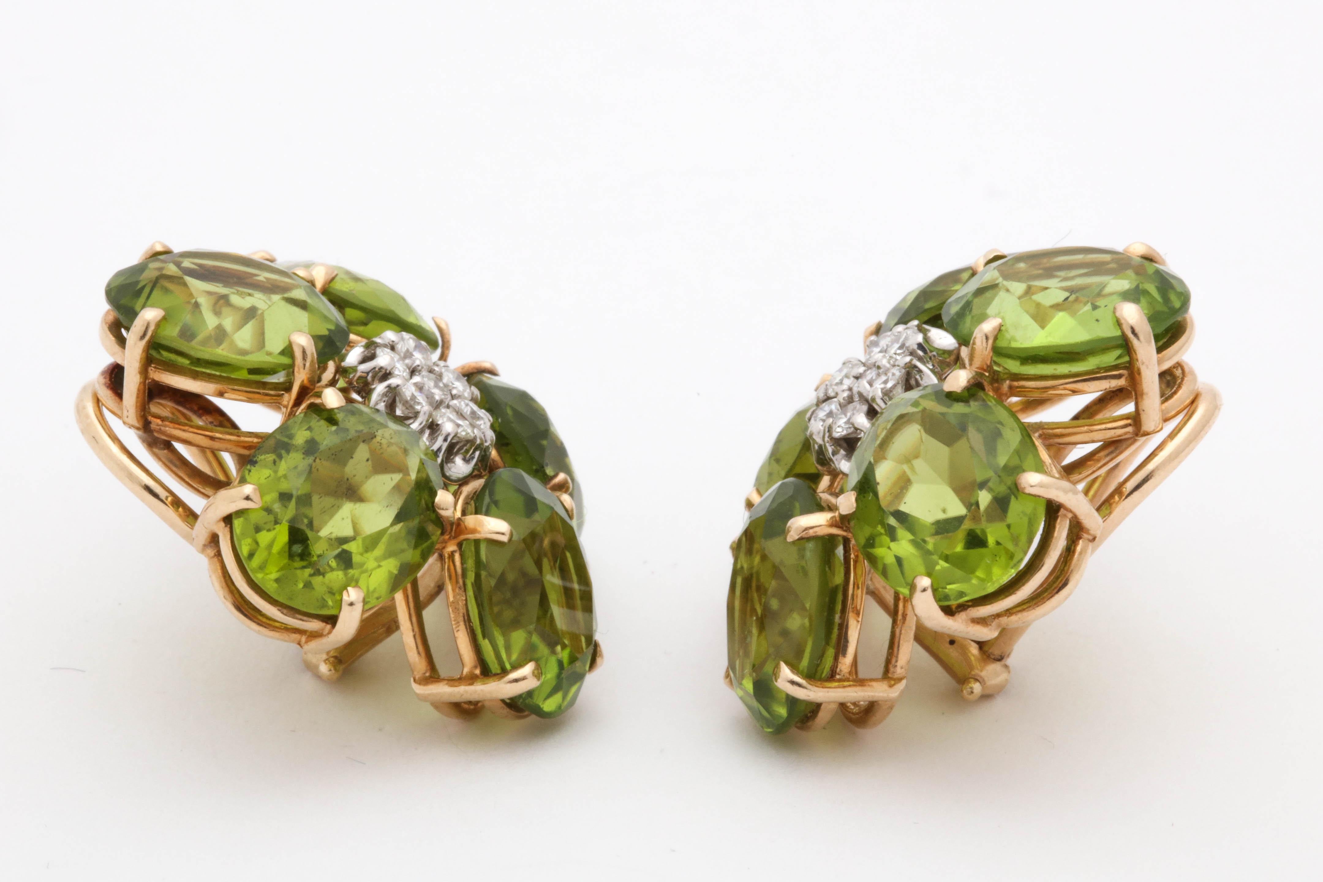 1960s Figural Floral Peridot with Diamond Centers Gold Clip on Earrings 1