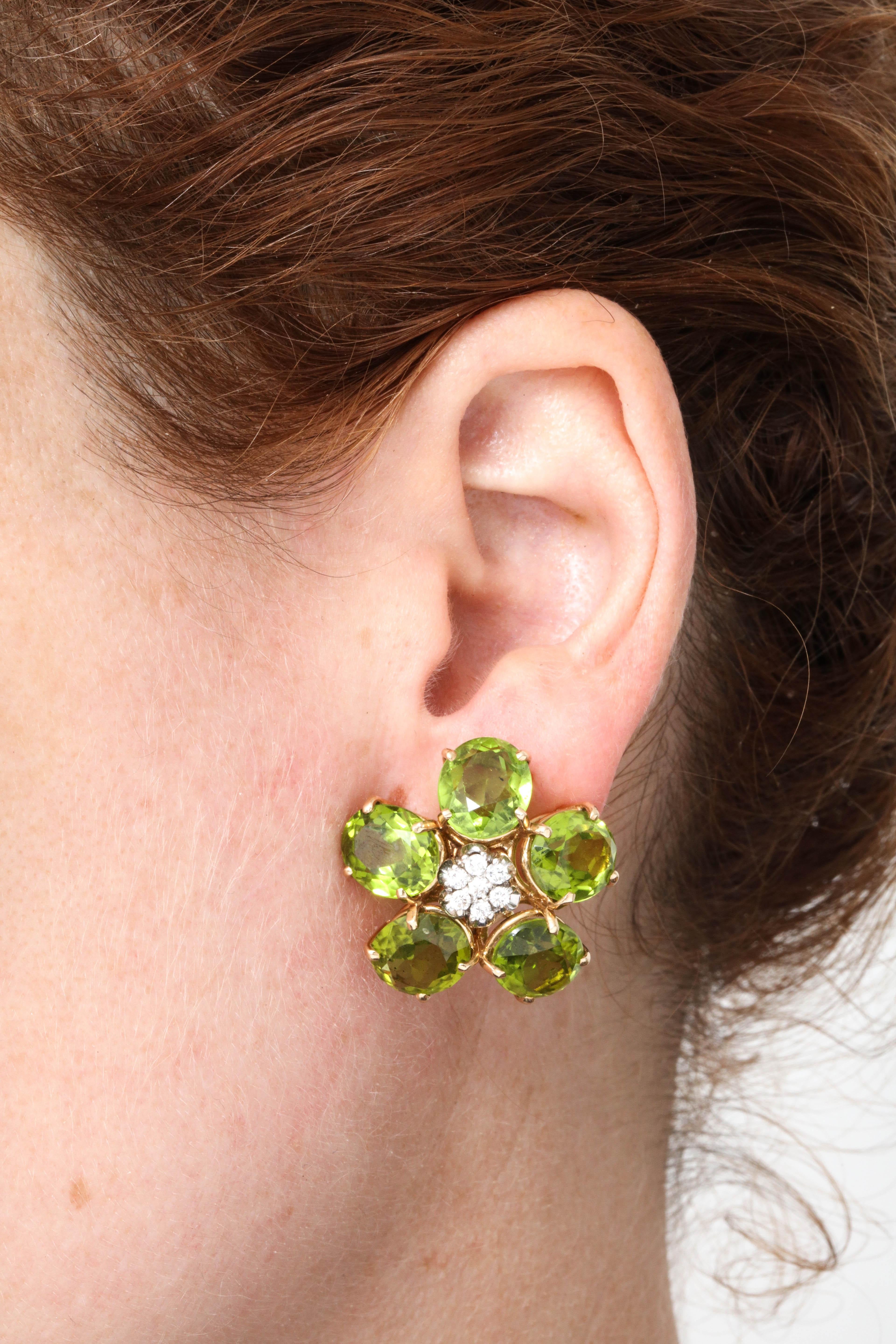 1960s Figural Floral Peridot with Diamond Centers Gold Clip on Earrings 2