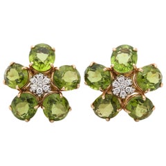 1960s Figural Floral Peridot with Diamond Centers Gold Clip on Earrings