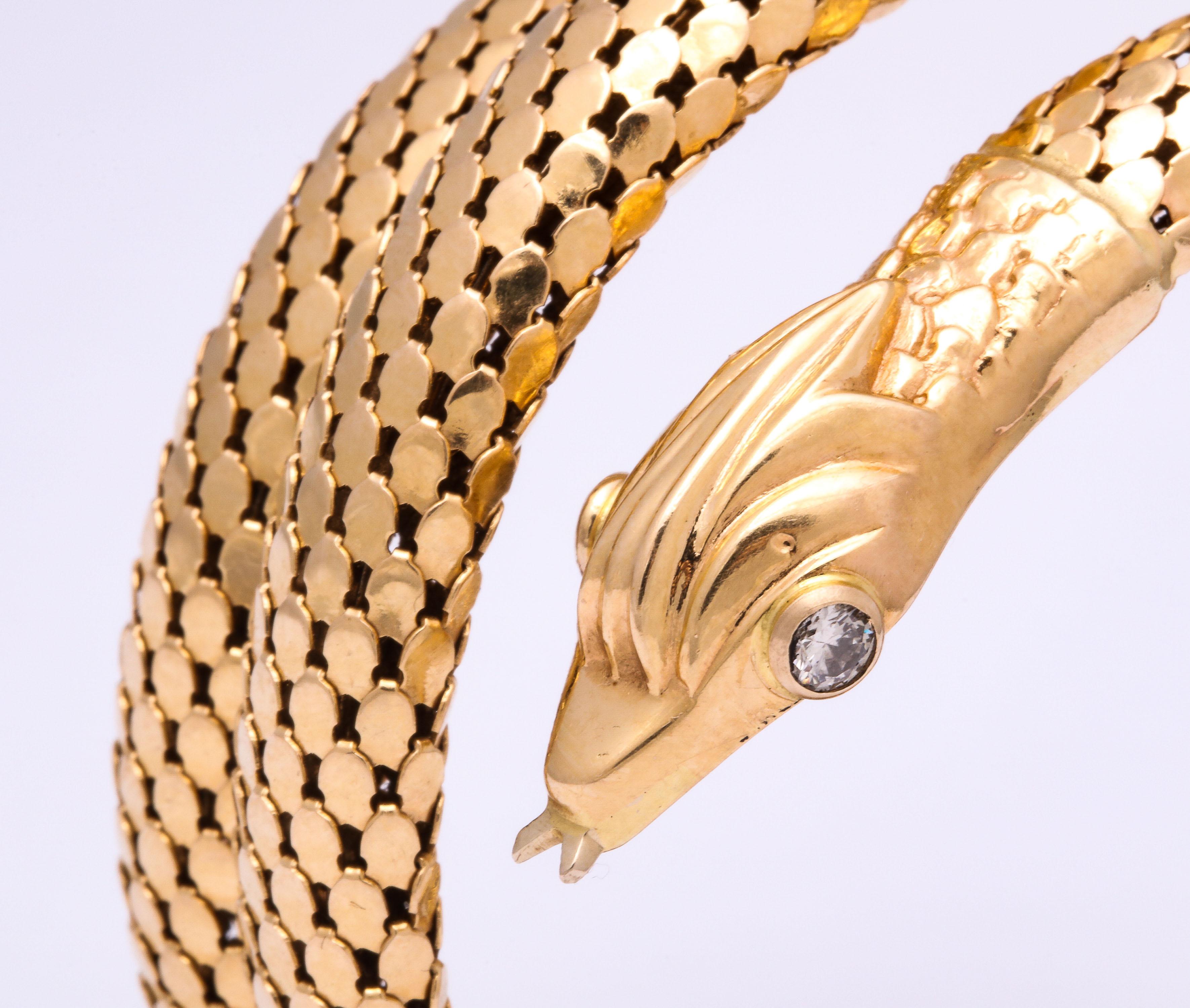 1960s Figural Snake Skin Triple Wrapped Gold Bracelet With Diamond Eyes 5