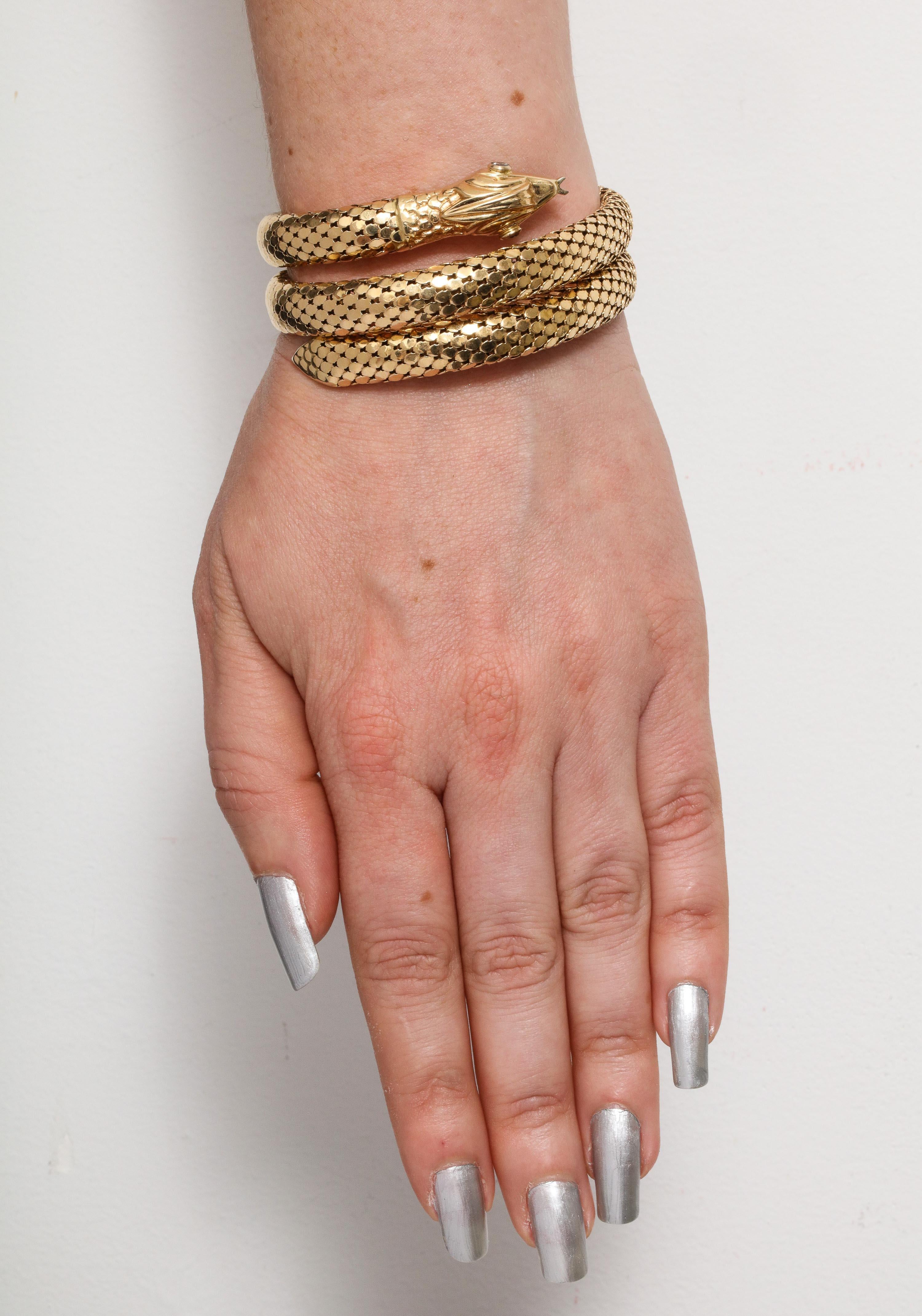 1960s Figural Snake Skin Triple Wrapped Gold Bracelet With Diamond Eyes 6