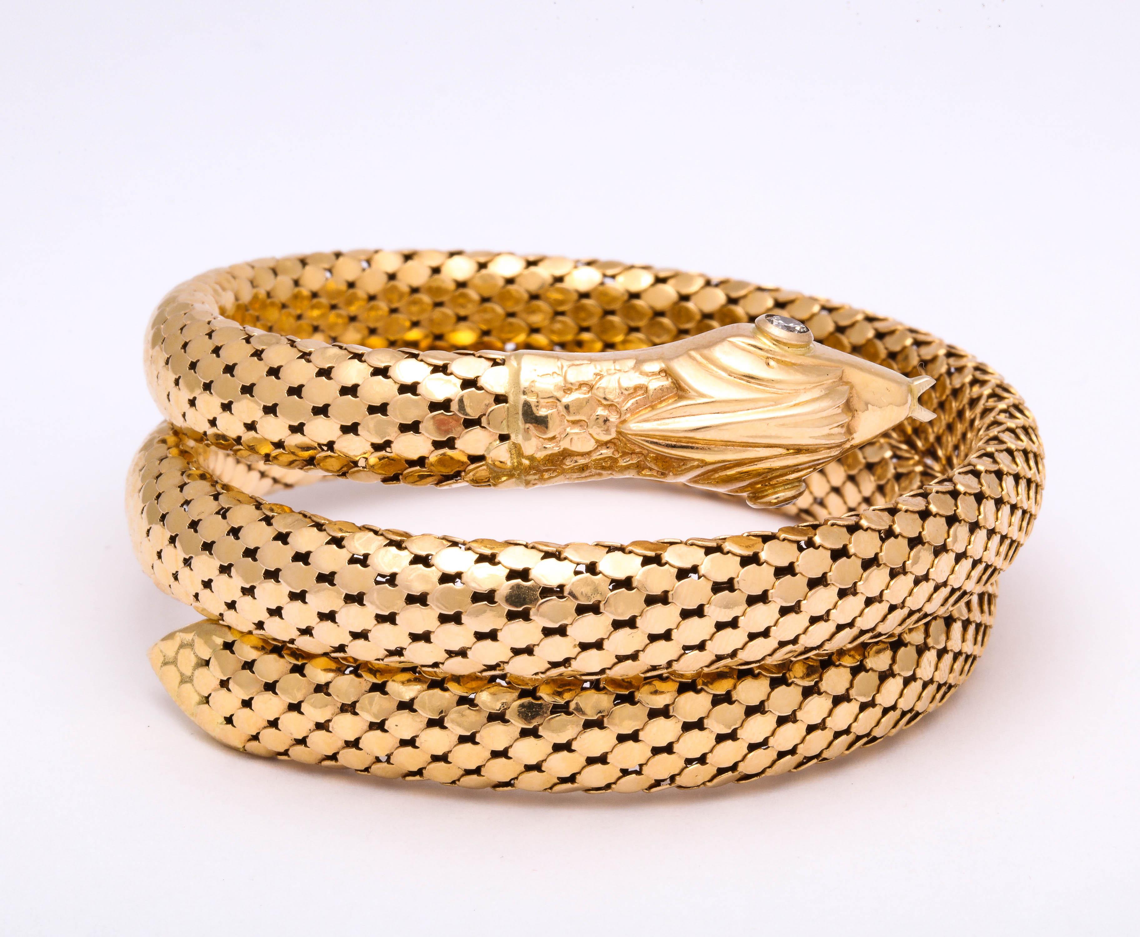 Round Cut 1960s Figural Snake Skin Triple Wrapped Gold Bracelet With Diamond Eyes