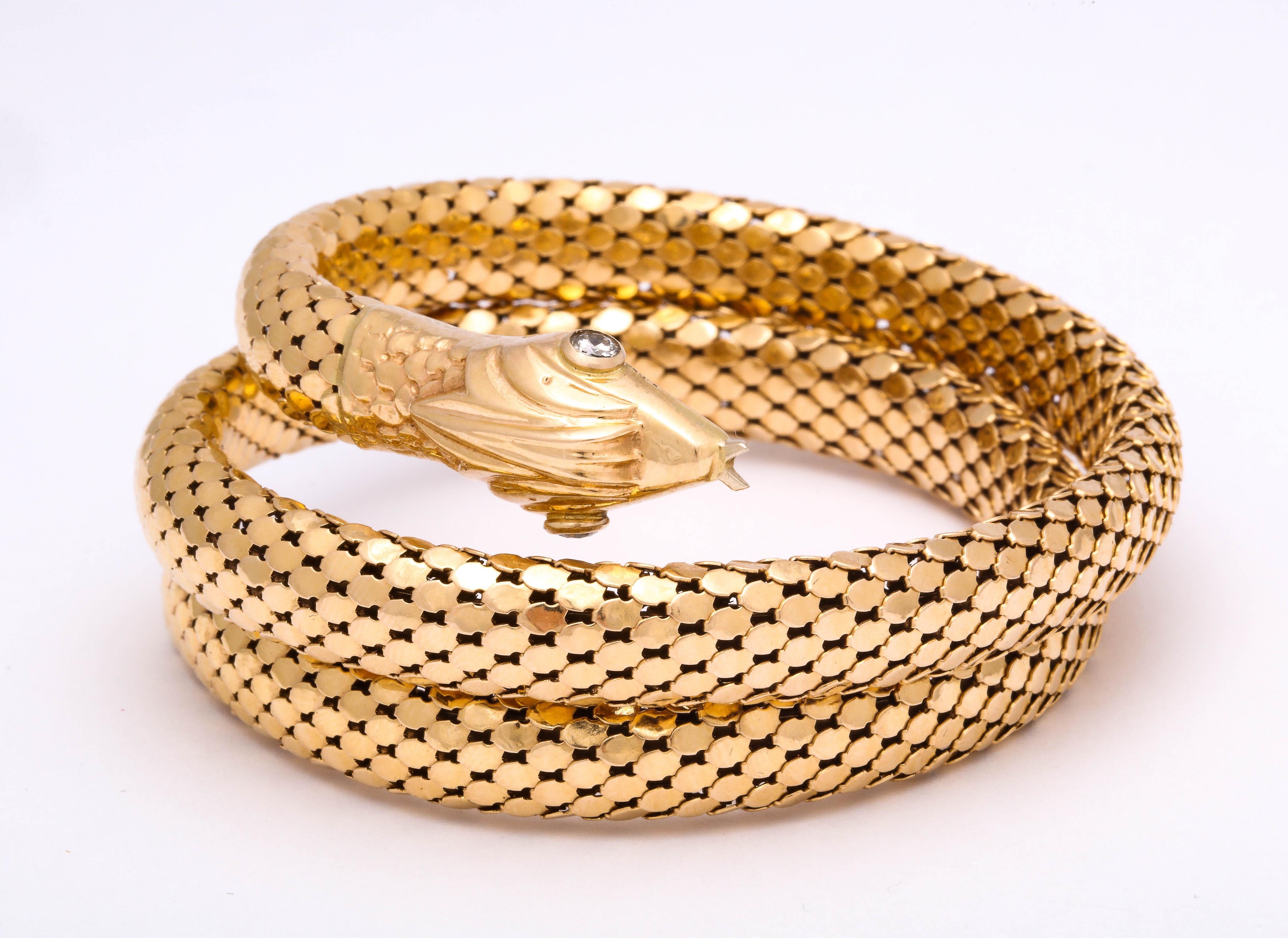 1960s Figural Snake Skin Triple Wrapped Gold Bracelet With Diamond Eyes In Good Condition In New York, NY