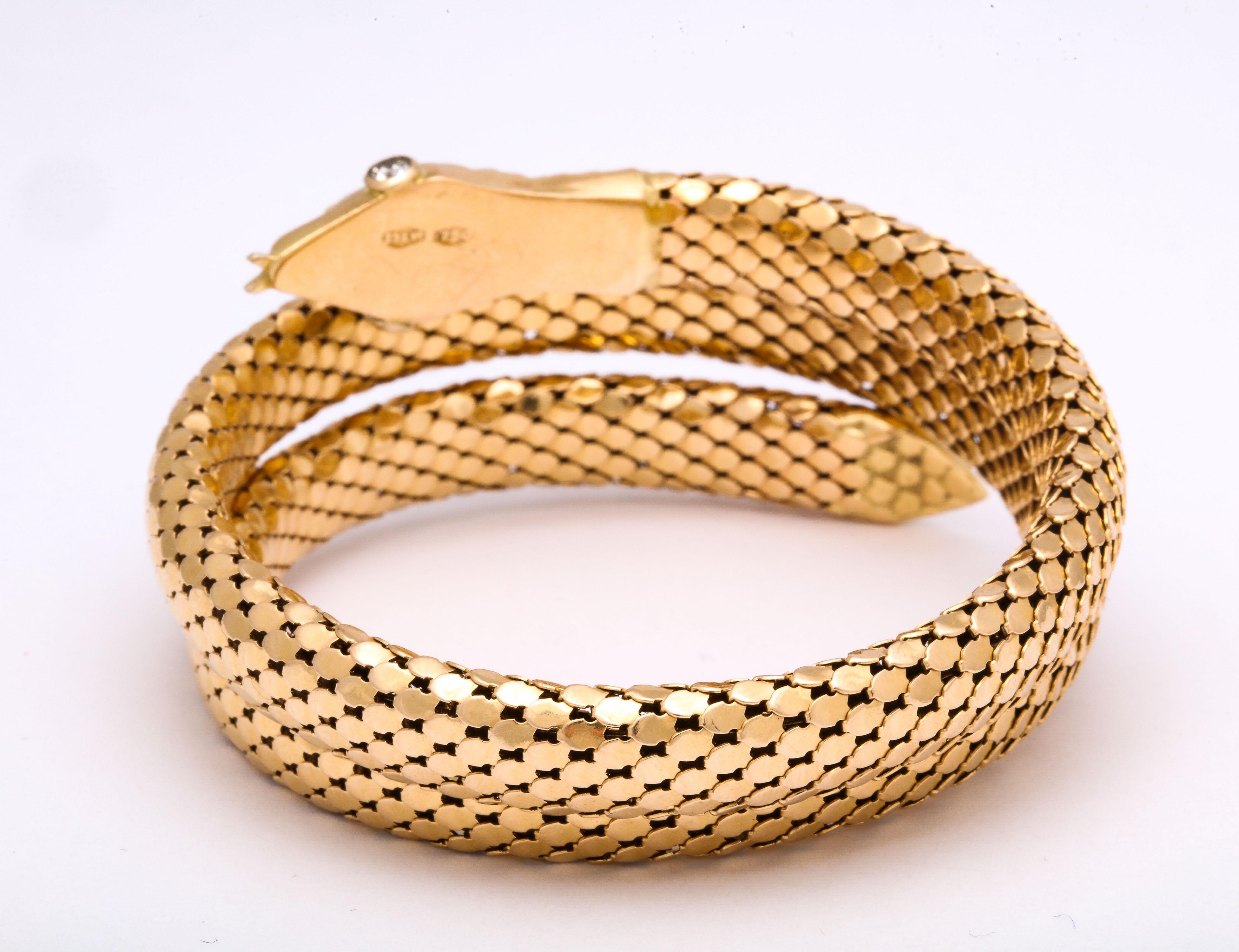 Women's 1960s Figural Snake Skin Triple Wrapped Gold Bracelet With Diamond Eyes