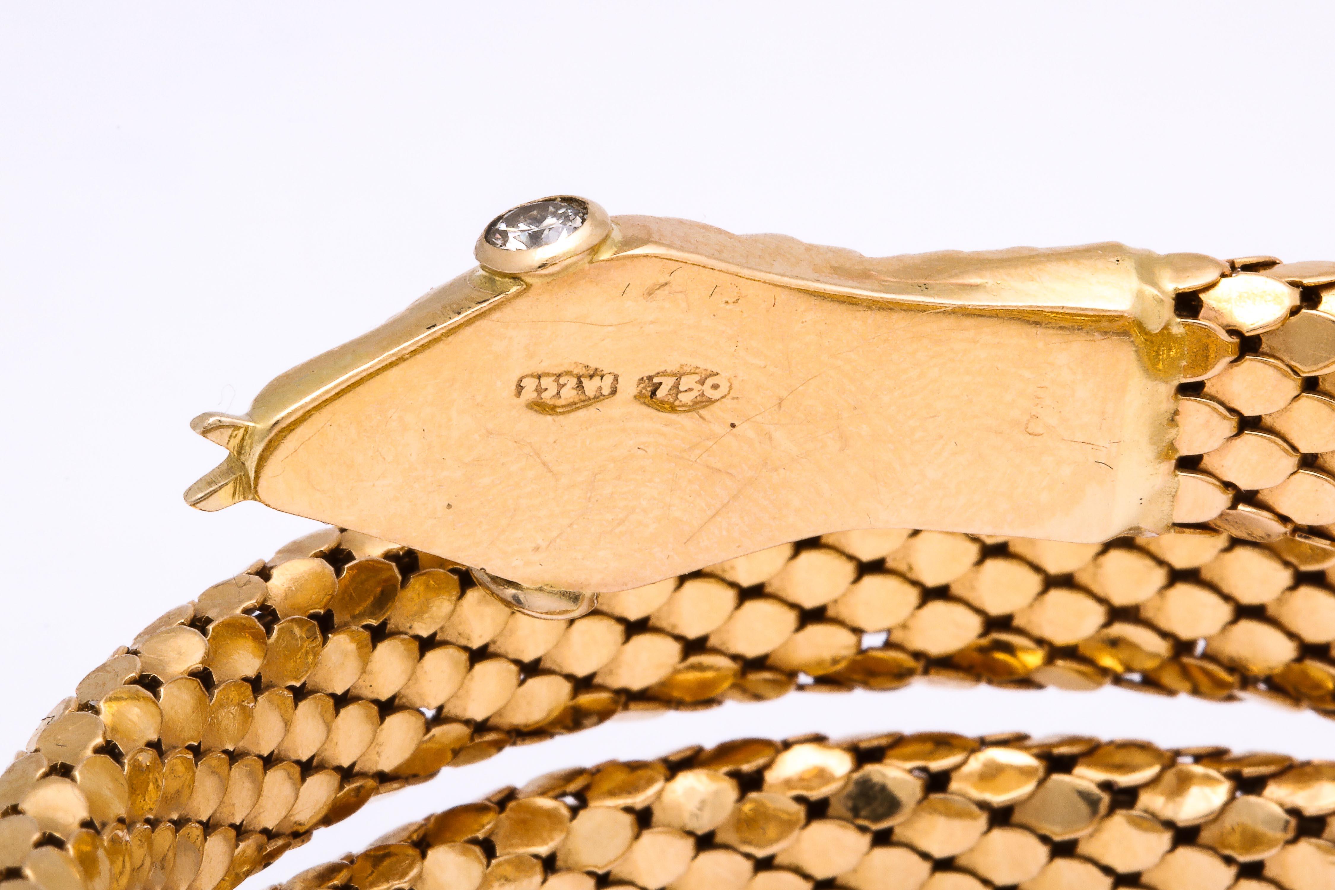 1960s Figural Snake Skin Triple Wrapped Gold Bracelet With Diamond Eyes 1