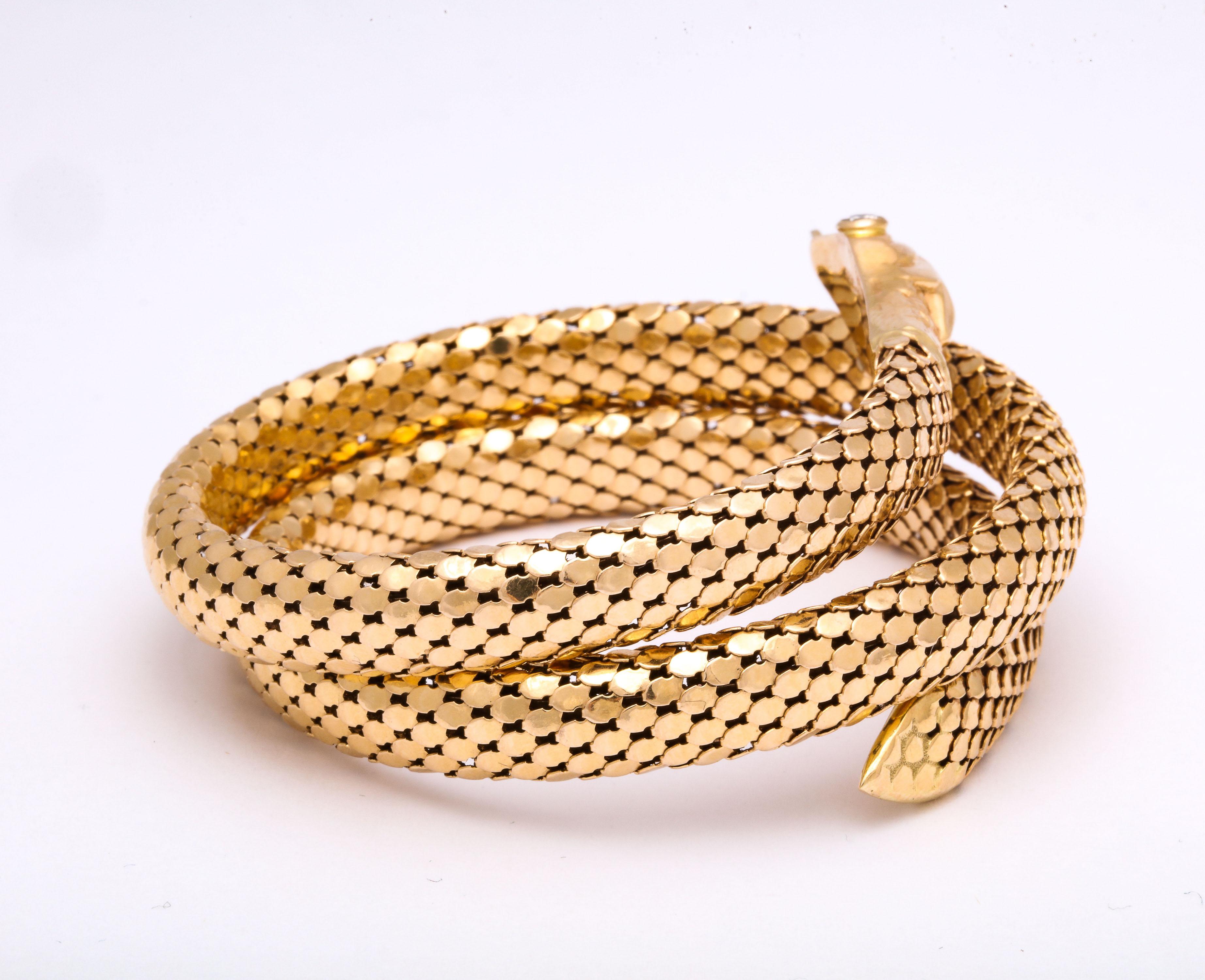 1960s Figural Snake Skin Triple Wrapped Gold Bracelet With Diamond Eyes 2